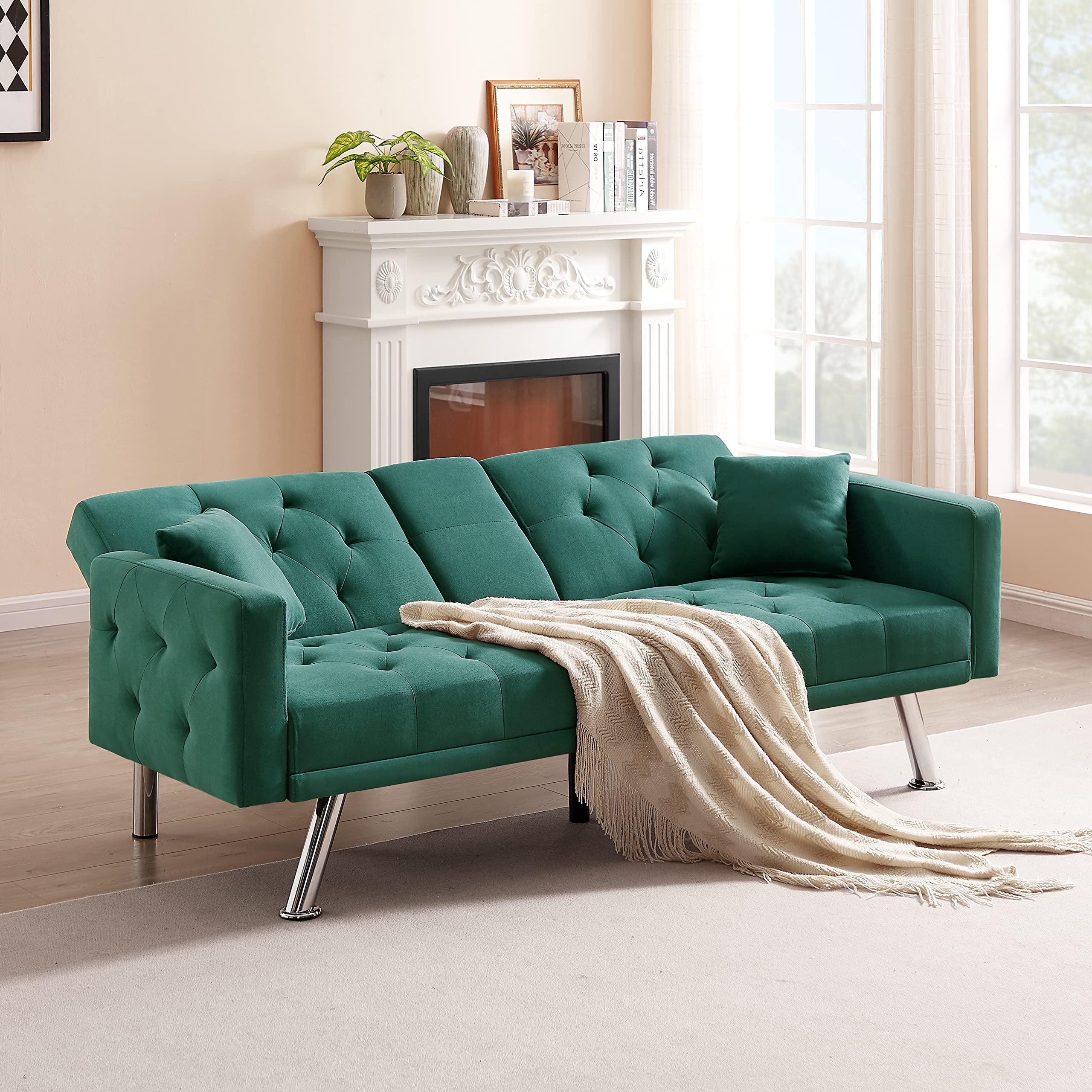 Tufted Recliner Sofa Bed - YOGLAD Convertible Fabric Futon with Cup Holders & Metal Legs - Modern Linen Couch for Small Spaces - 75