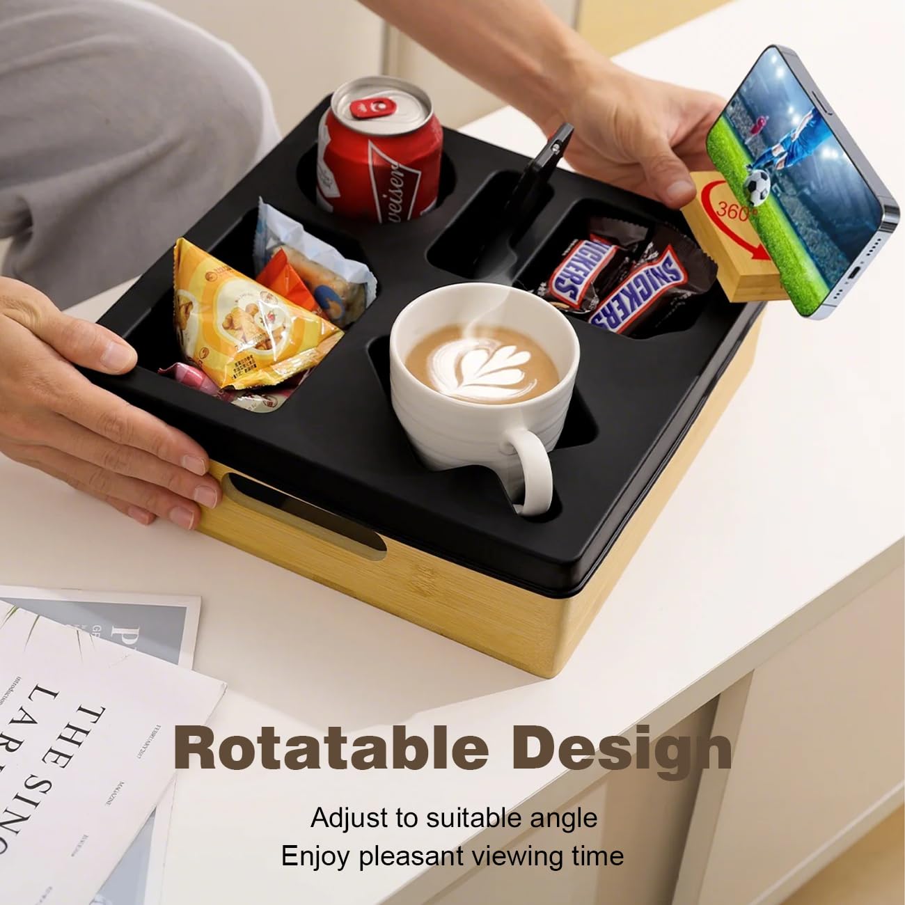 Rotatable Couch Cup Holder Tray with Phone Stand - Waterproof Sofa Caddy Organizer for Drinks, Snacks & Remote Control - Anti-Spill Bedside & Living Room Accessory (Black) | Perfect for Movie Nights, Gaming & Relaxing on Sofa or Bed