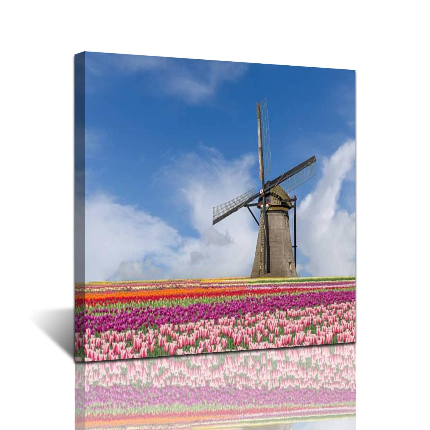 Netherlands Tulips and Windmills Wall Art - Amsterdam Landscape Canvas Painting Print - Stretched & Framed Home Decor for Living Room, Bedroom - Perfect Gift for Housewarming, Wedding & Office Decoration
