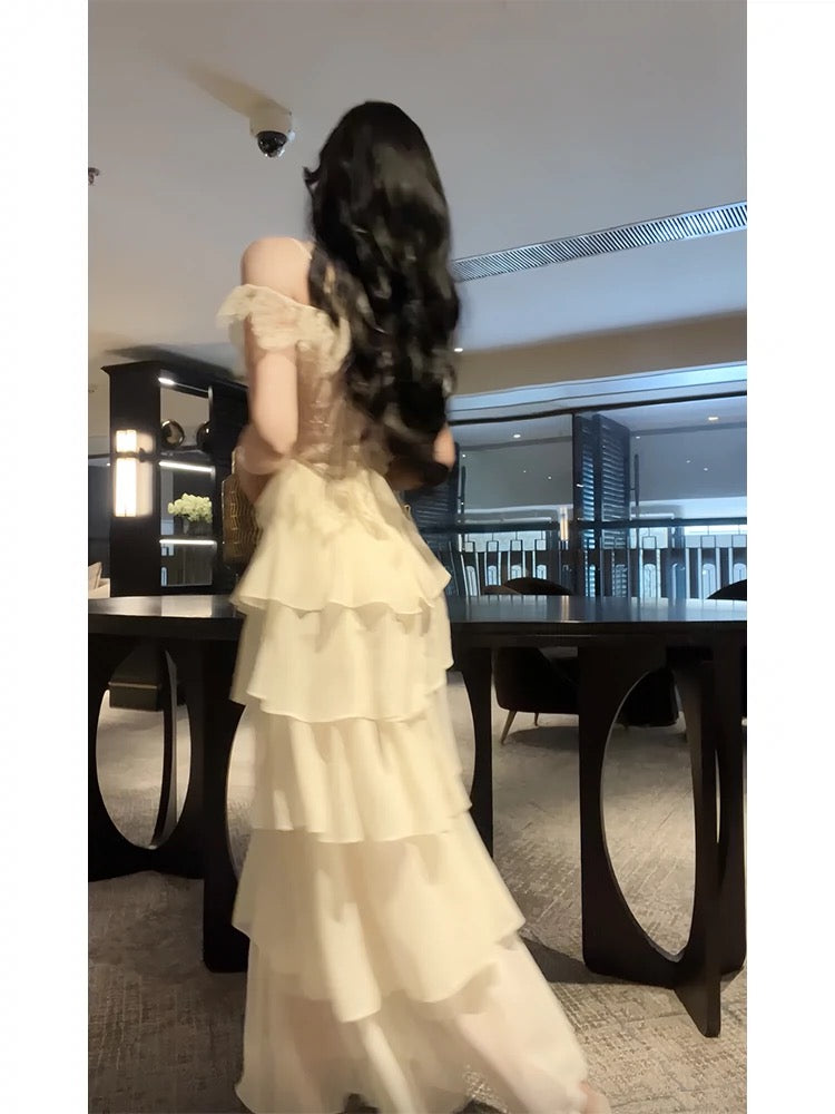 Elegant A-Line Beige Chiffon Prom Dress with Tiered Skirt - Formal Evening Gown for Homecoming, Wedding Guest & Special Occasions - Style J6522