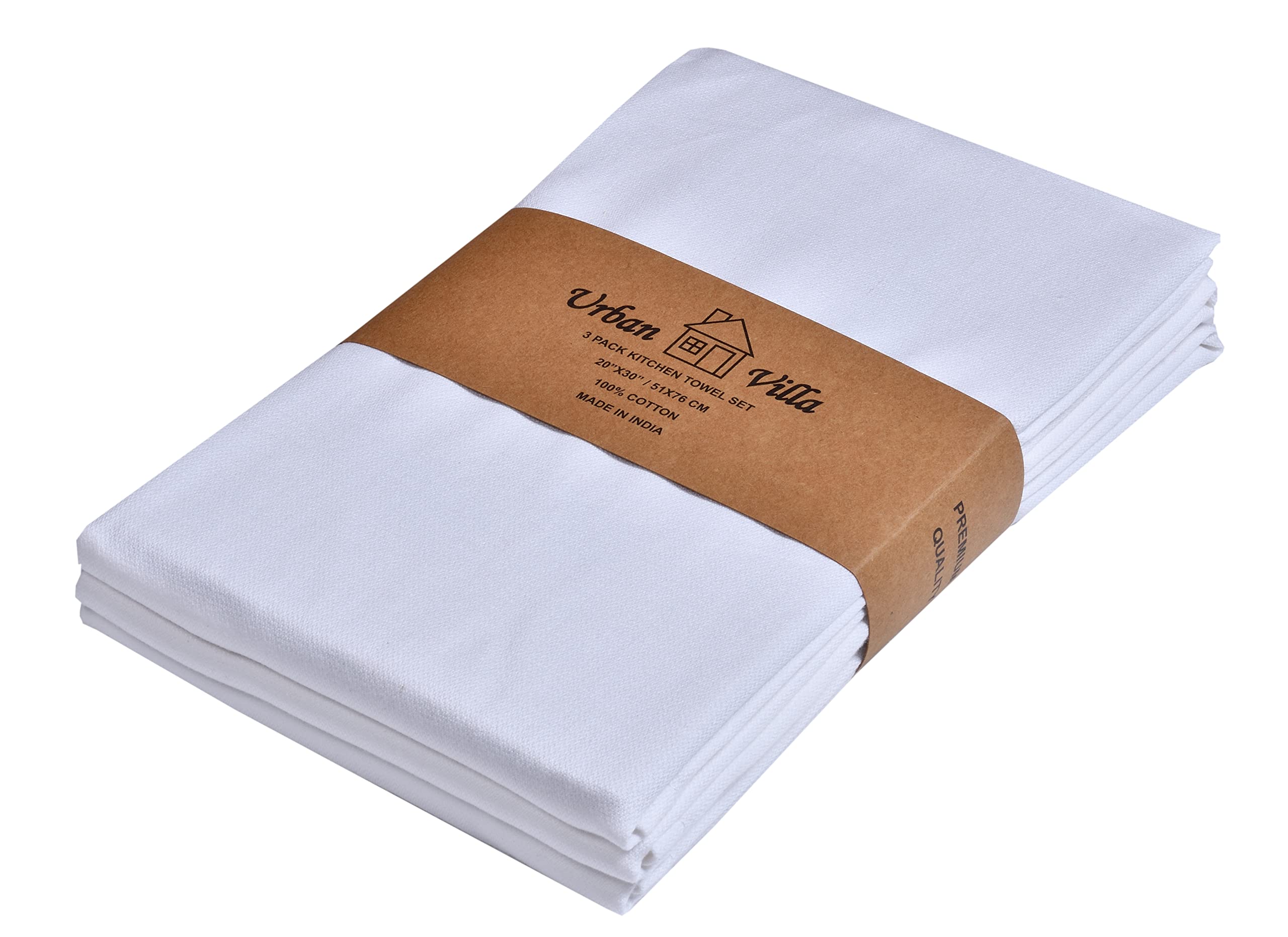Premium 100% Cotton Ultra Soft Kitchen Towels Set of 3 - 20x30 Inch White Highly Absorbent Dish Towels & Tea Towels for Cooking, Cleaning & Drying - Urban Villa Luxury Bar Towels for Home & Restaurant Use