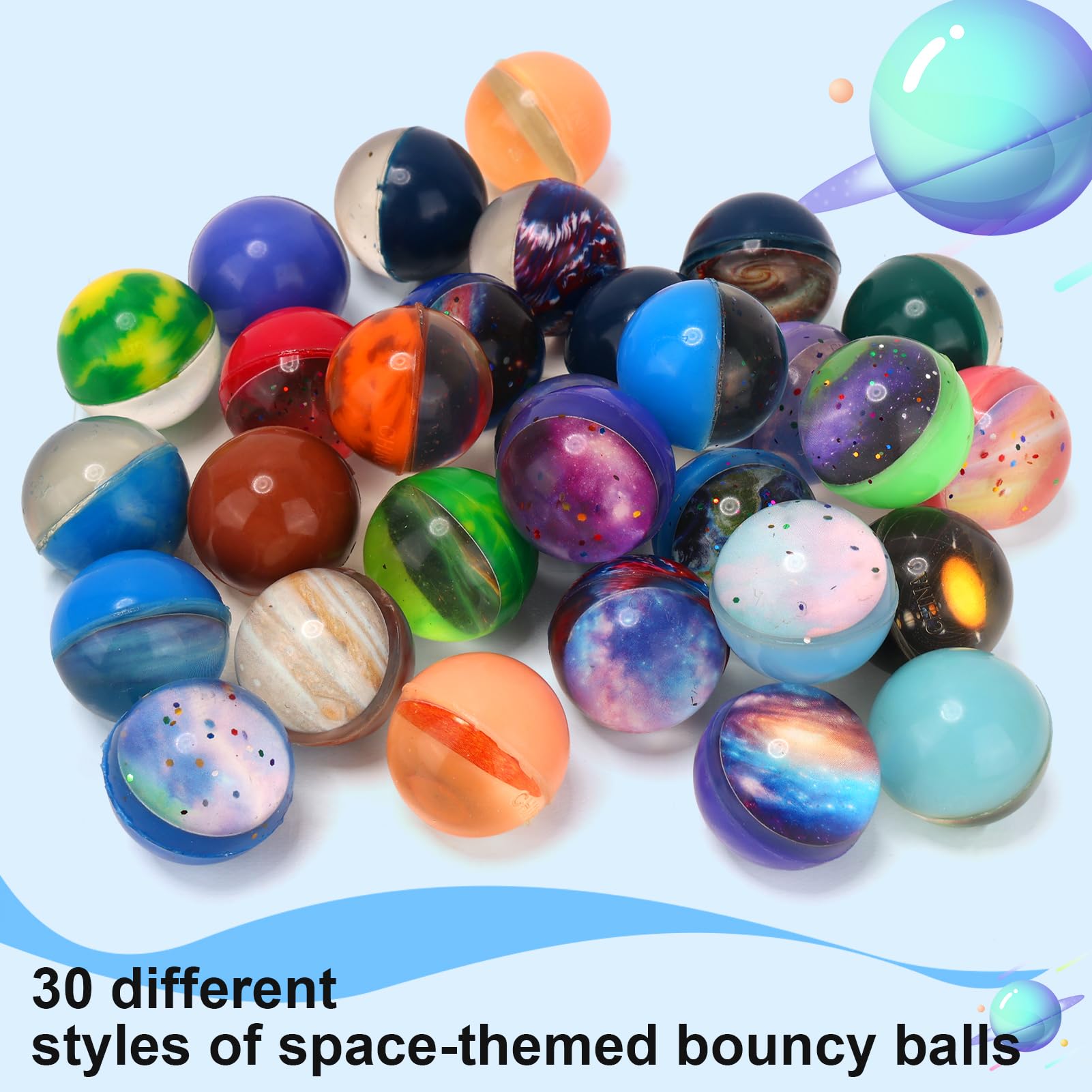 30PCS Galaxy Bouncy Balls Bulk - 32mm Space Themed Rubber Balls for Kids Party Favors, Birthday Goodie Bags, Christmas Stocking Stuffers & Classroom Rewards - Fun Space Toys for Boys & Girls (30 Styles)