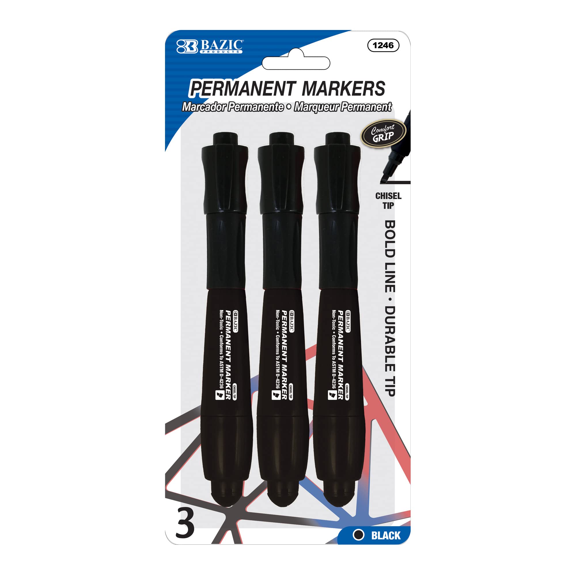 BAZIC Permanent Markers Chisel Tip, Jumbo Black Ink Markers for Plastic, Wood, Metal, Glass & Stone - Soft Grip for Art, Office & DIY Projects (3-Pack of 144) - Ideal for Labeling, Crafting, Signage & Industrial Use