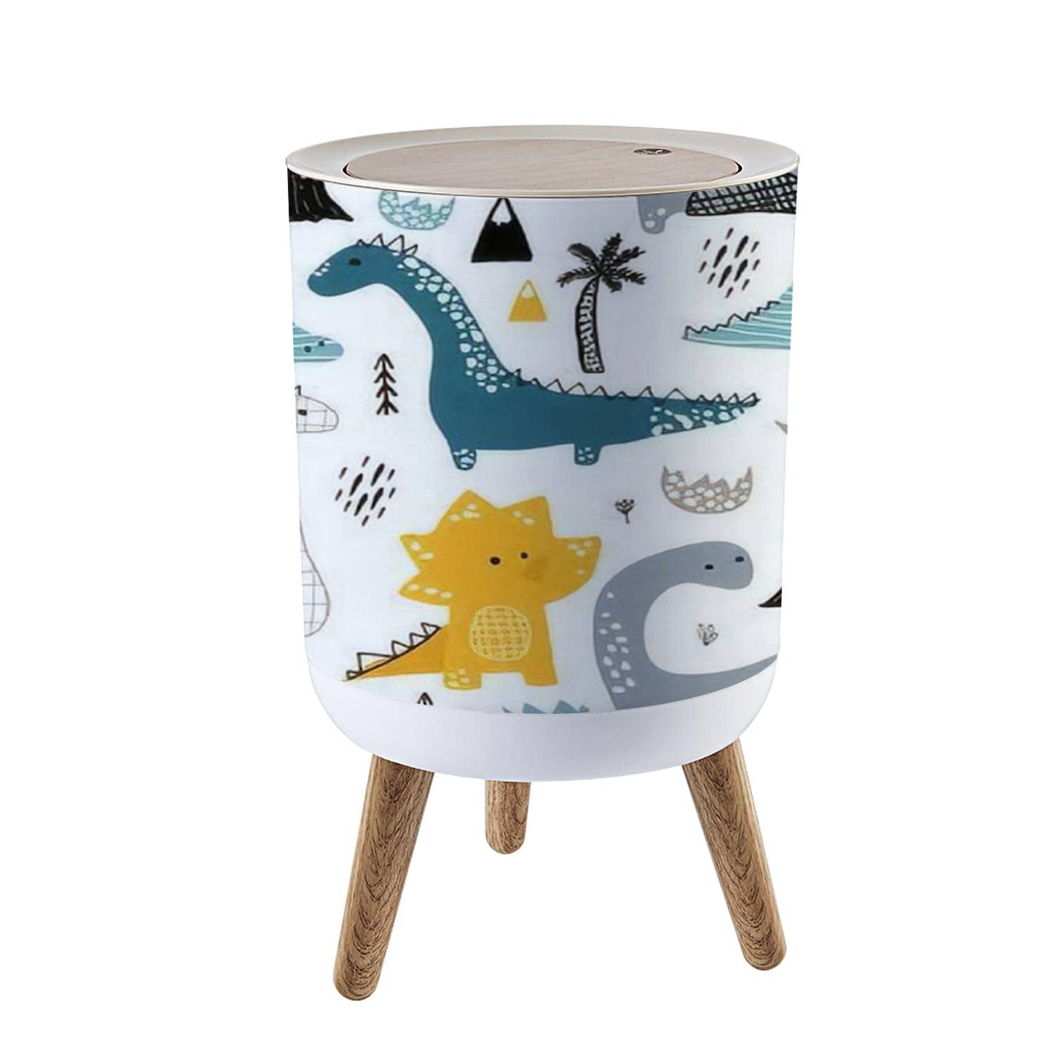 Nordic Style Trash Can with Lid - 1.8 Gallon (7L) Scandinavian Modern Push Top Garbage Bin Featuring Hand-Drawn Dinosaur Design | Perfect for Kids' Rooms, Nursery, Playroom & Scandinavian Home Decor