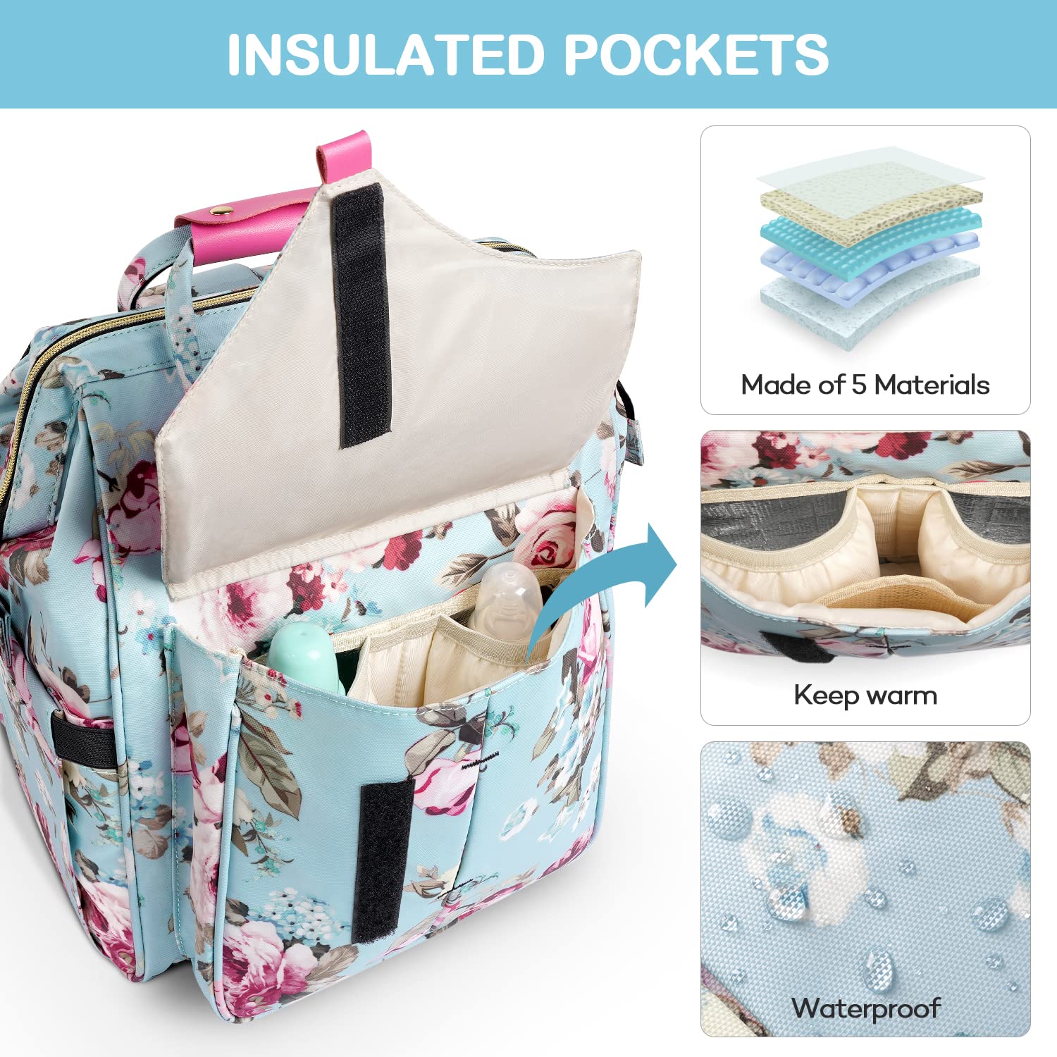**LitBear Large Waterproof Diaper Backpack for Baby Girls - Insulated Multifunctional Travel Maternity Bag with Diaper Pad & Bottle Pockets, Floral Design (Rose Flower) - Perfect for Daycare, Travel & Outings**