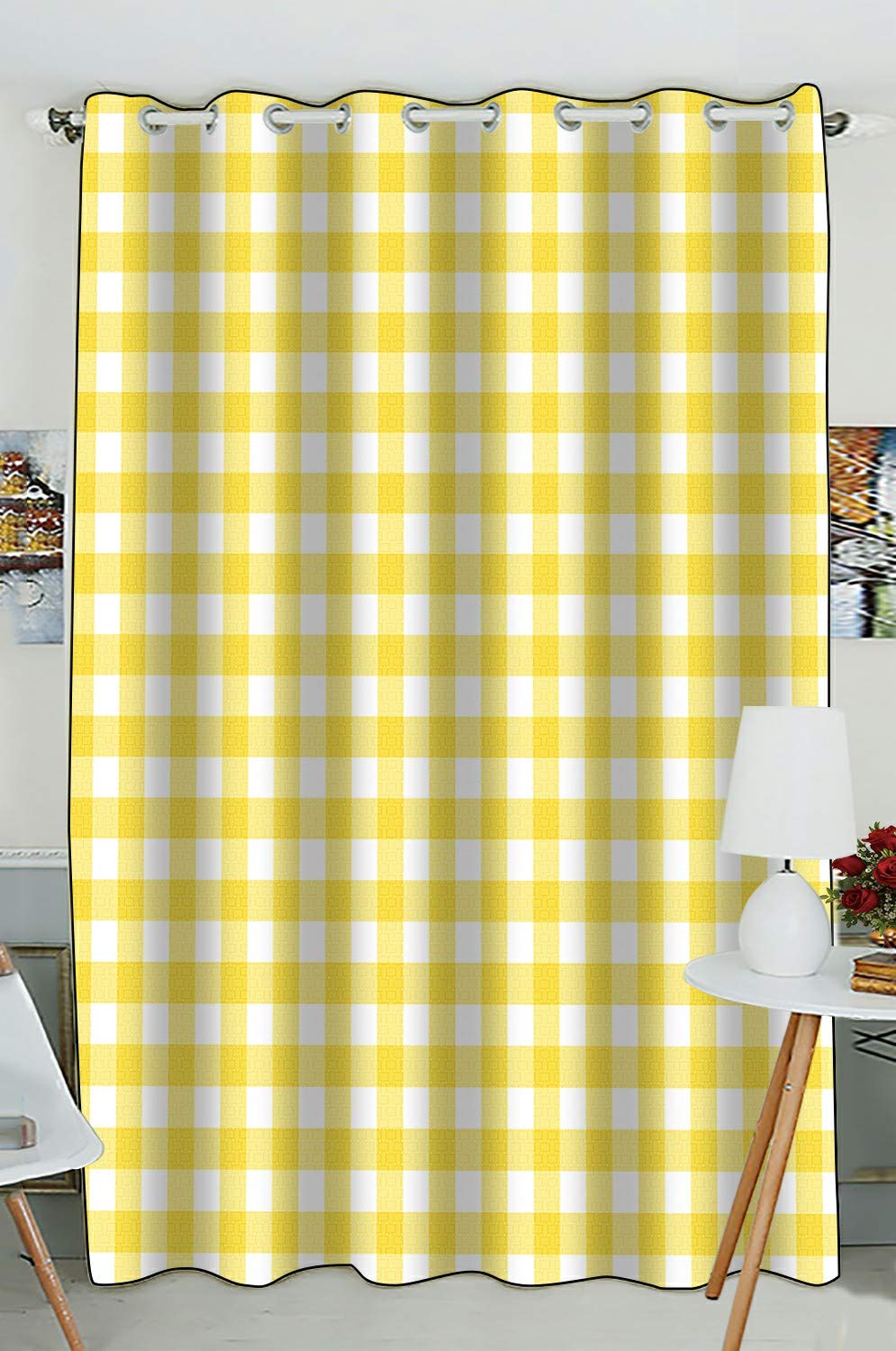 Pastel Yellow Gingham Window Curtains 52x84 Inches - Light Filtering Kitchen Drapes for Farmhouse, Cottage & Vintage Style Decor (1 Panel) - Perfect for Windows, French Doors & Cozy Breakfast Nooks