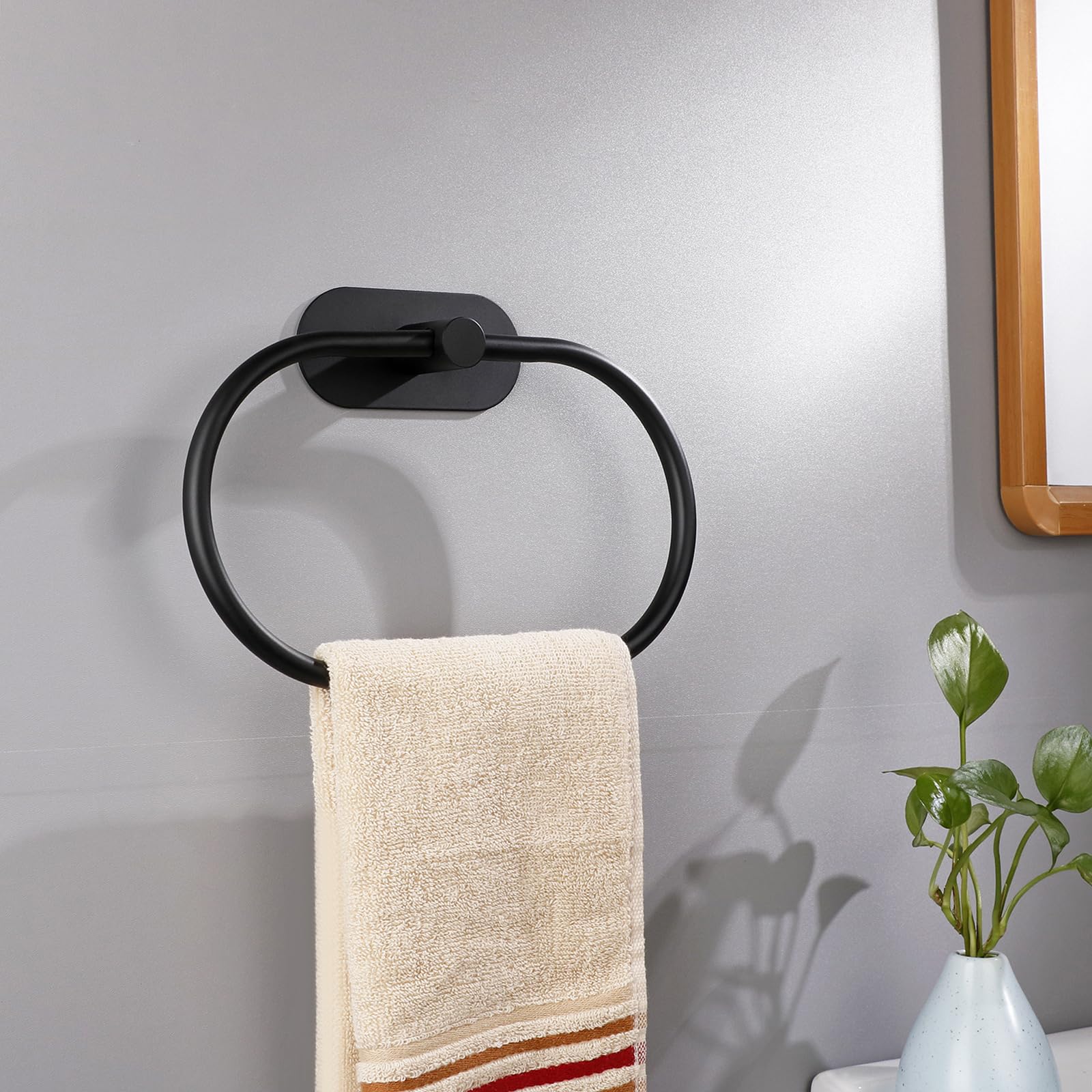 Stainless Steel Self Adhesive Towel Holder - No Drill Bathroom Towel Ring & Bar Set (2 Pack, Black) - Perfect for Modern Bathrooms, Kitchens & RVs - Wall Mounted Hand Towel Hanger for Easy Access