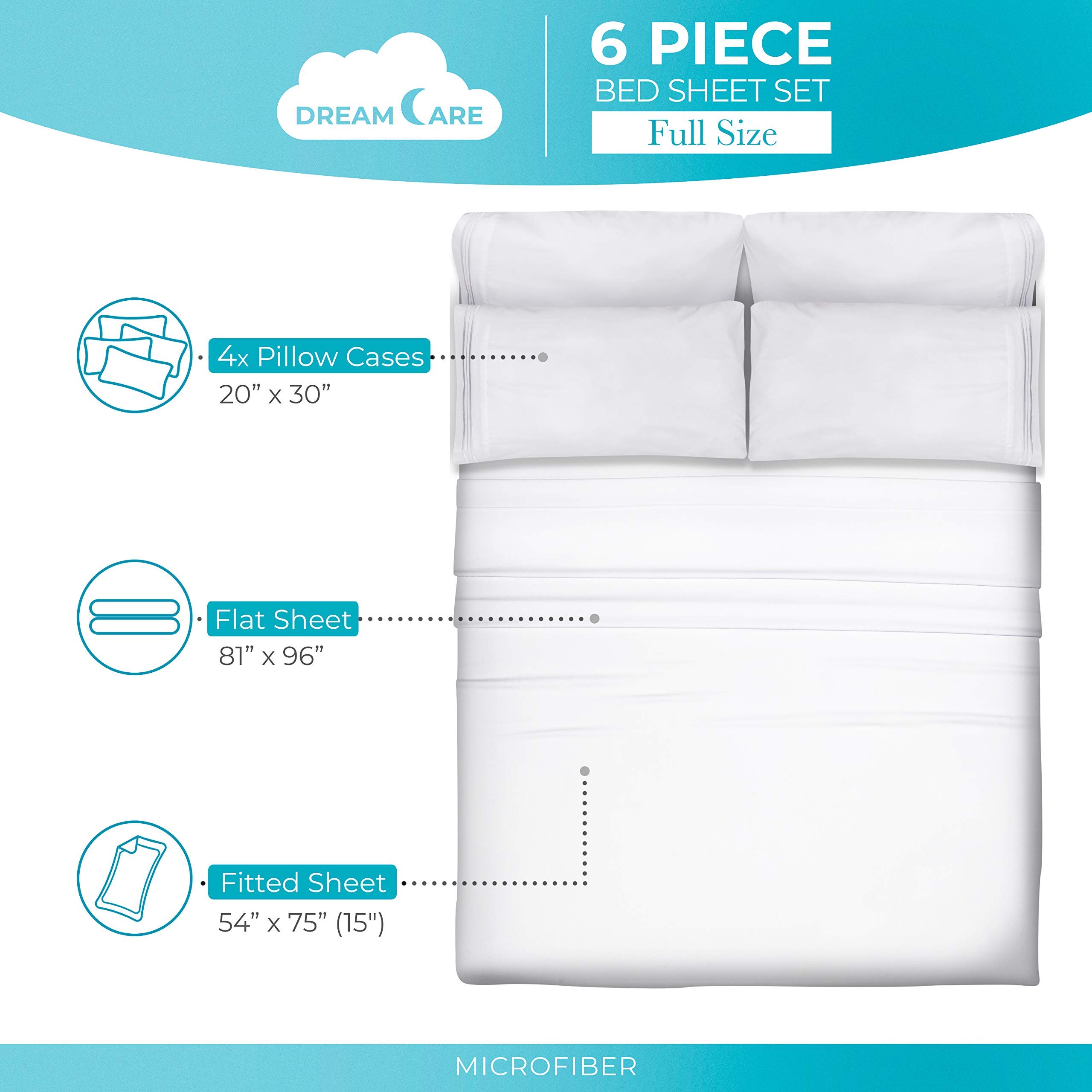 Cooling Full Size Bed Sheets Set - 6pcs Soft 100% Brushed Polyester with Side Pocket - Breathable & Durable for Hot Sleepers - Perfect for Summer Nights & Guest Rooms - White