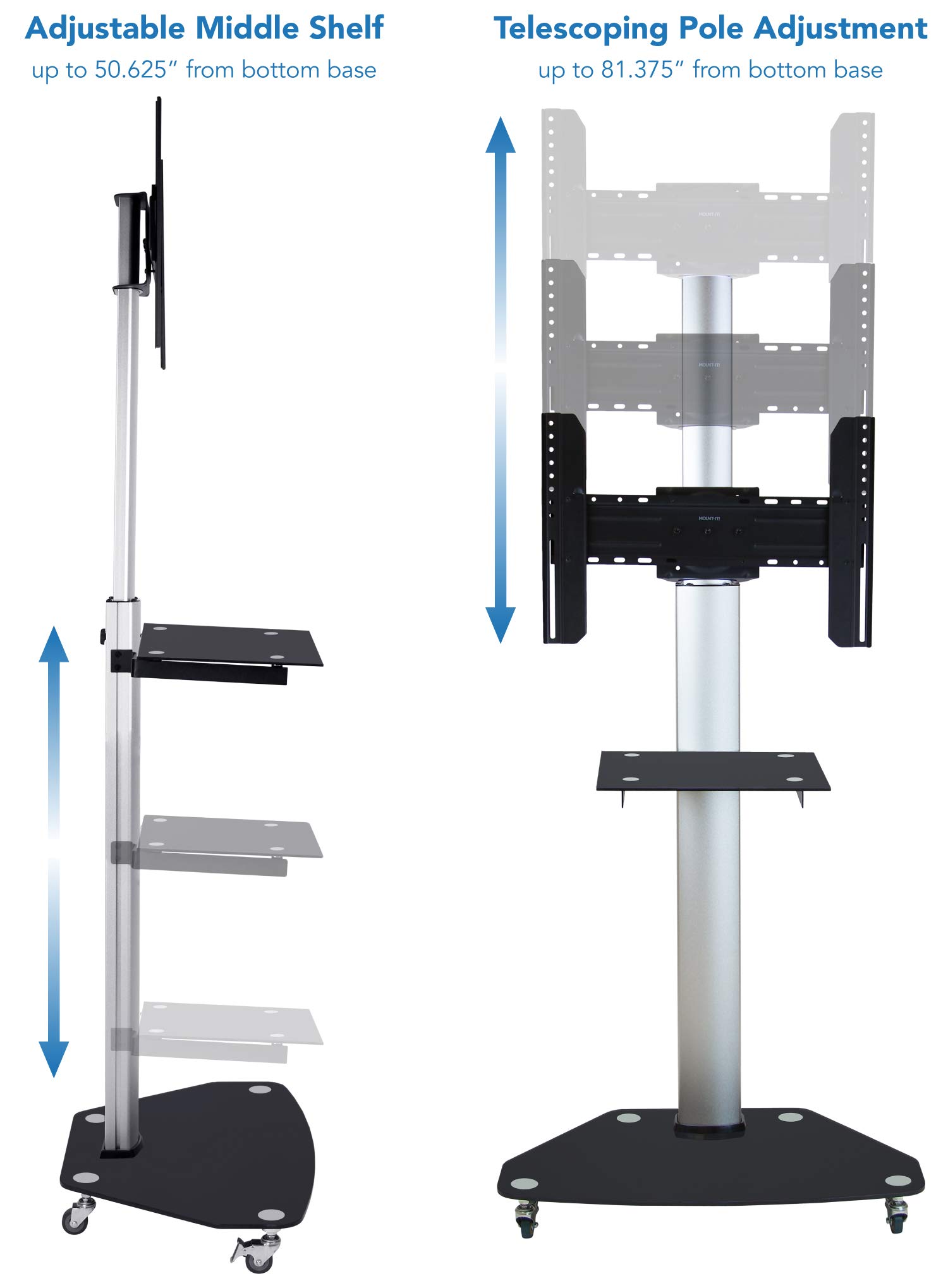 Mount-It! Adjustable Mobile TV Cart Stand for 37-70 Inch Flat Screens - Heavy Duty Rolling TV Stand with Component Shelf & Locking Casters, Supports VESA 200x200 to 600x400 & 110 lbs - Perfect for Living Rooms, Classrooms & Conference Rooms (MI-1875)