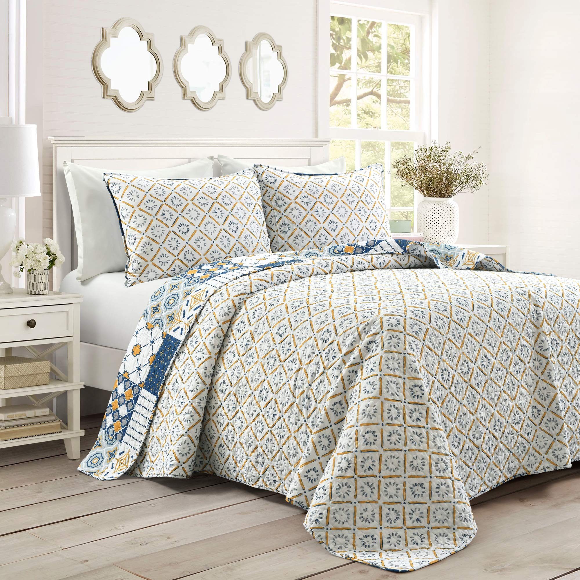 Luxury Lush Decor Monique 3-Piece King Size Quilt Set in Navy & Mustard - Soft Bedding Collection for Master Bedroom & Guest Room Decor