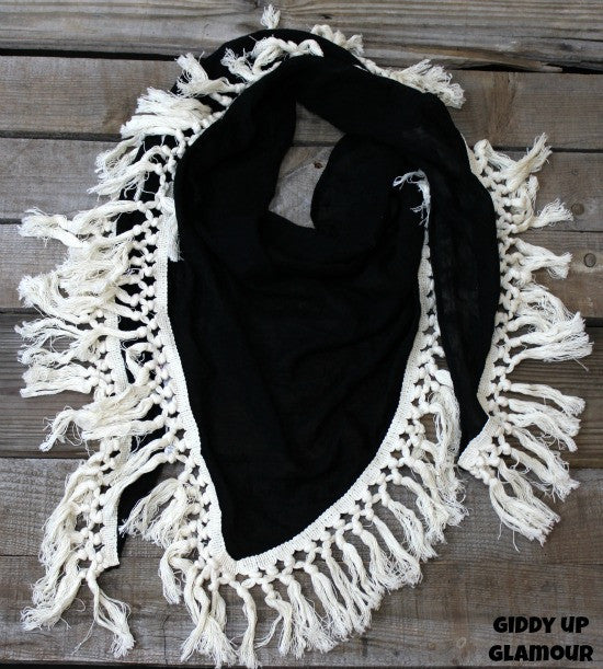 Elegant Black Scarf with Ivory Tassel Trim - Winter Fashion Accessory for Women - Perfect for Office, Party & Cold Weather Outfits