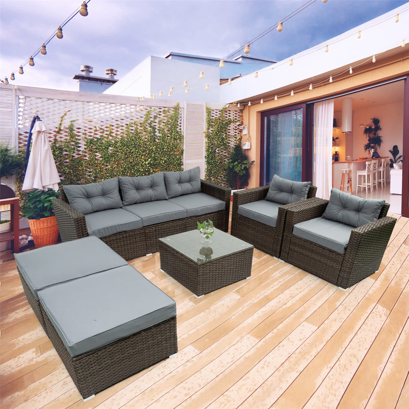 6-Piece Patio Rattan Wicker Outdoor Furniture Set with Storage Box, Removable Cushions & Tempered Glass Tabletop - Garden, Porch, Backyard Conversation Sofa for Relaxing & Entertaining Guests