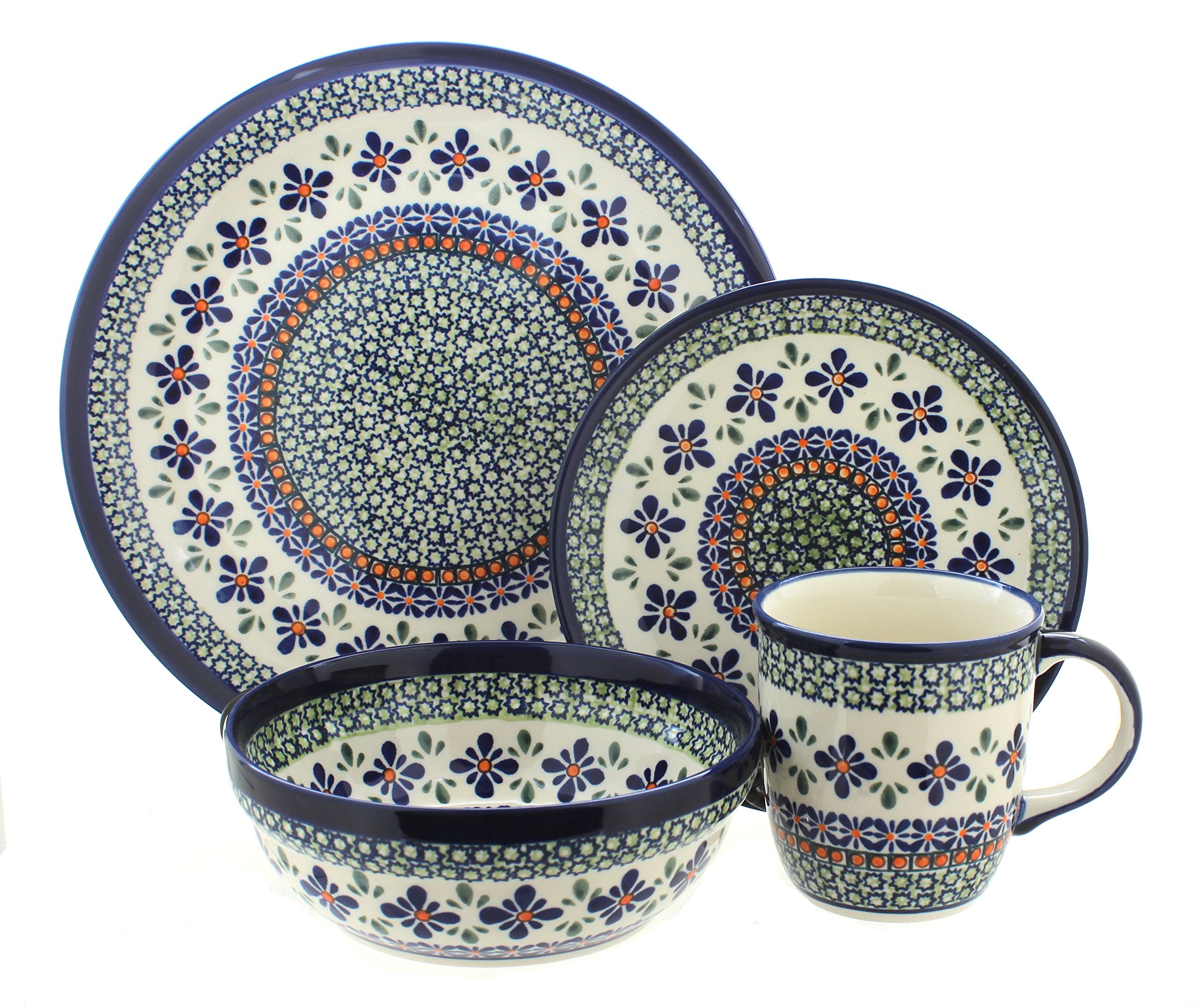 Blue Rose Polish Pottery Mosaic Flower 16-Piece Dinner Set - Elegant Handcrafted Ceramic Tableware for Special Occasions & Dinner Parties