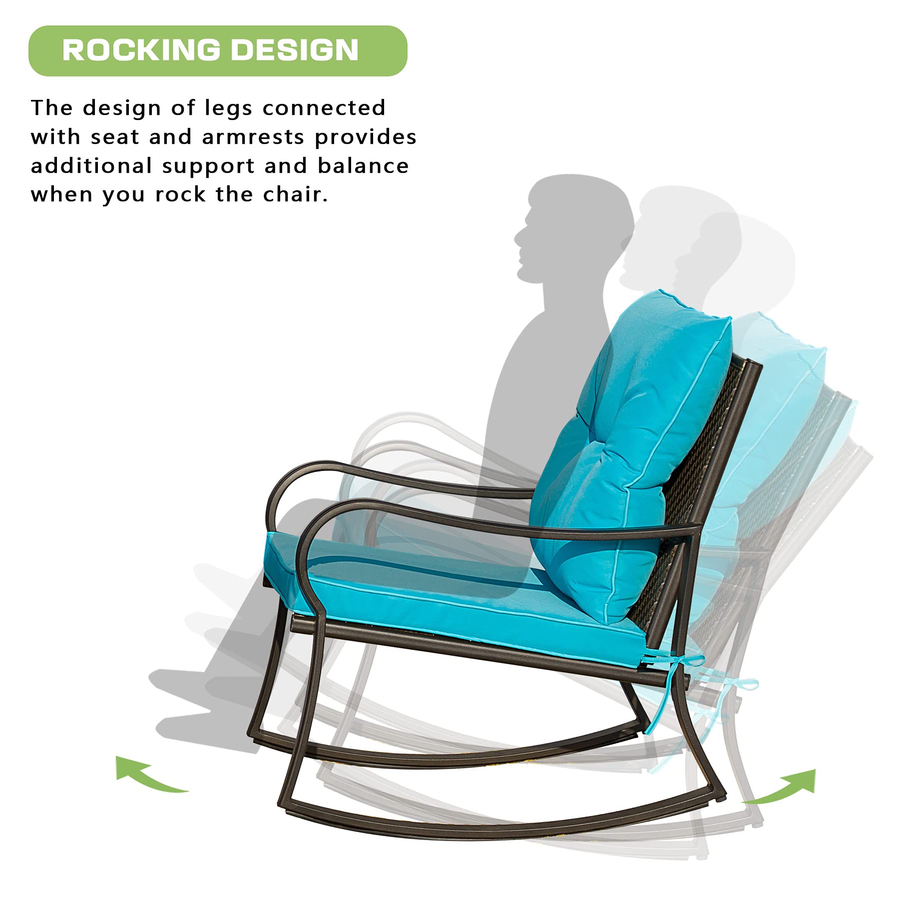 Domi Outdoor Living 3-Piece Rocking Bistro Set - Black Steel Wicker Rocking Chairs with Blue Cushions & Glass Top Coffee Table for Patio, Garden, or Backyard Relaxation