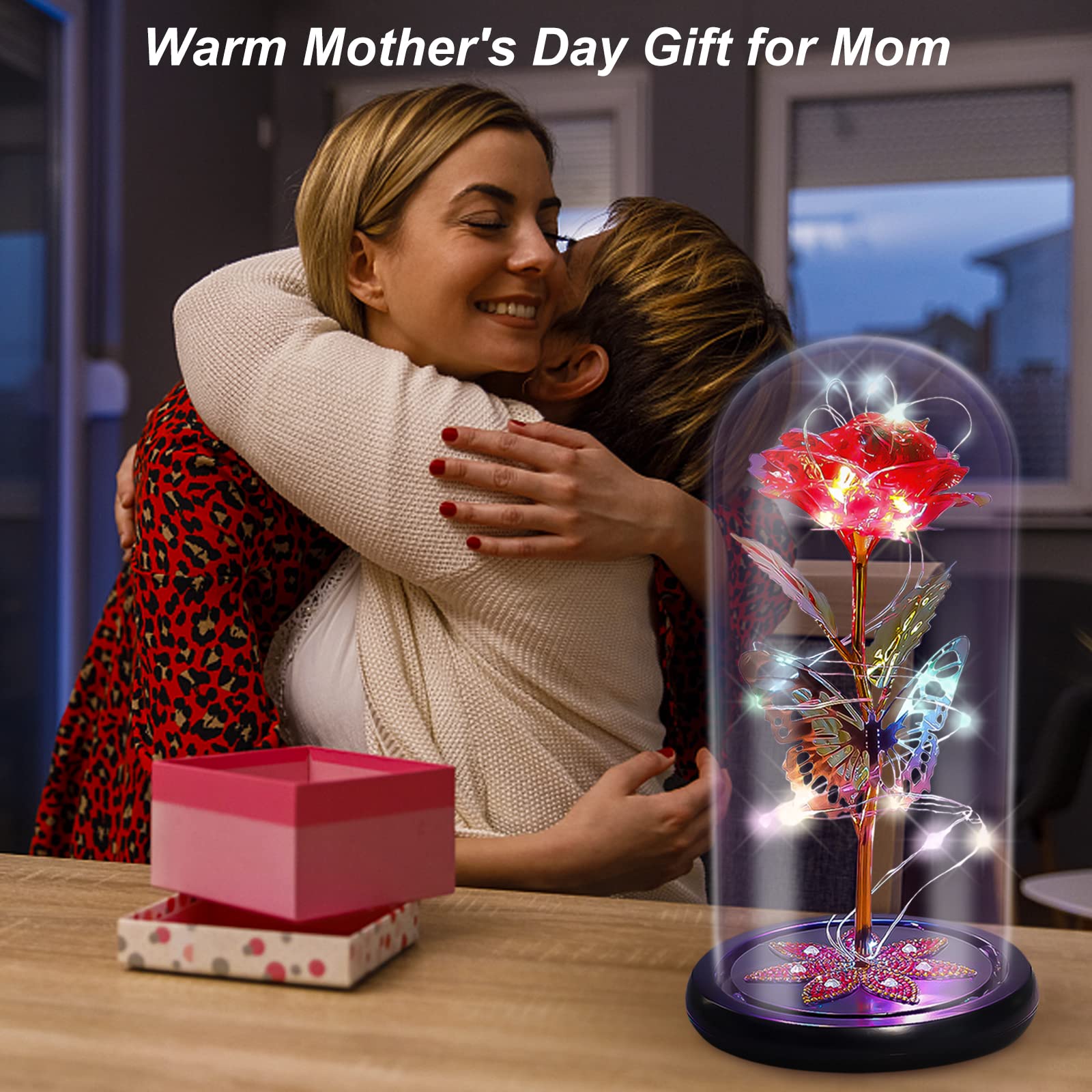 Eternal Crystal Rose in Glass Dome with Butterfly - Galaxy Glass Rose Flower Gift for Mom, Women, Wife, Grandma, Daughter - Mother's Day, Anniversary, Birthday Gift Idea - Romantic Home Decor & Night Light
