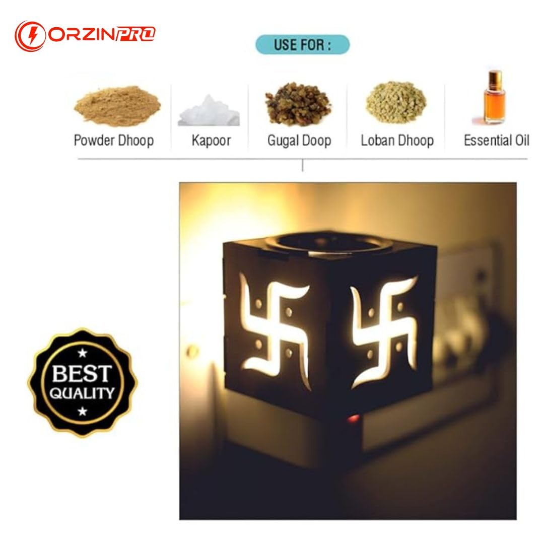 Orzinpro Electric Camphor Diffuser - Swastik Design Aromatic Burner with LED Night Light | Multipurpose Incense & Dhoop Holder for Home, Office, Meditation & Puja Ceremonies | Premium Kapoor Dani for Relaxation & Spiritual Use