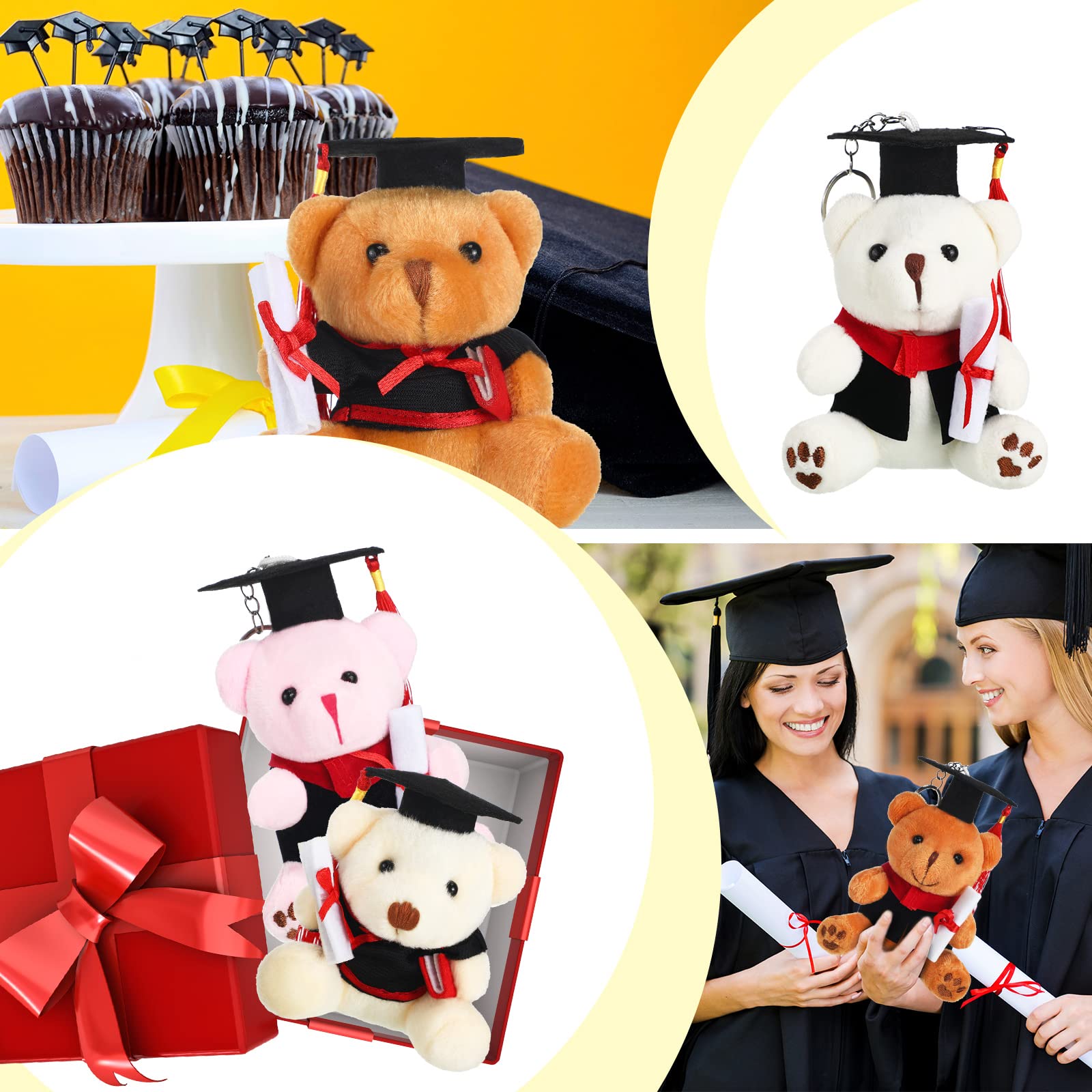 Skylety 6-Piece Plush Graduation Bears Set - Soft Stuffed Animals with Black Caps & Keychains for Preschool, Kindergarten, Elementary, High School & College Graduation Gifts - Perfect for Graduation Parties, Decorations & Keepsakes