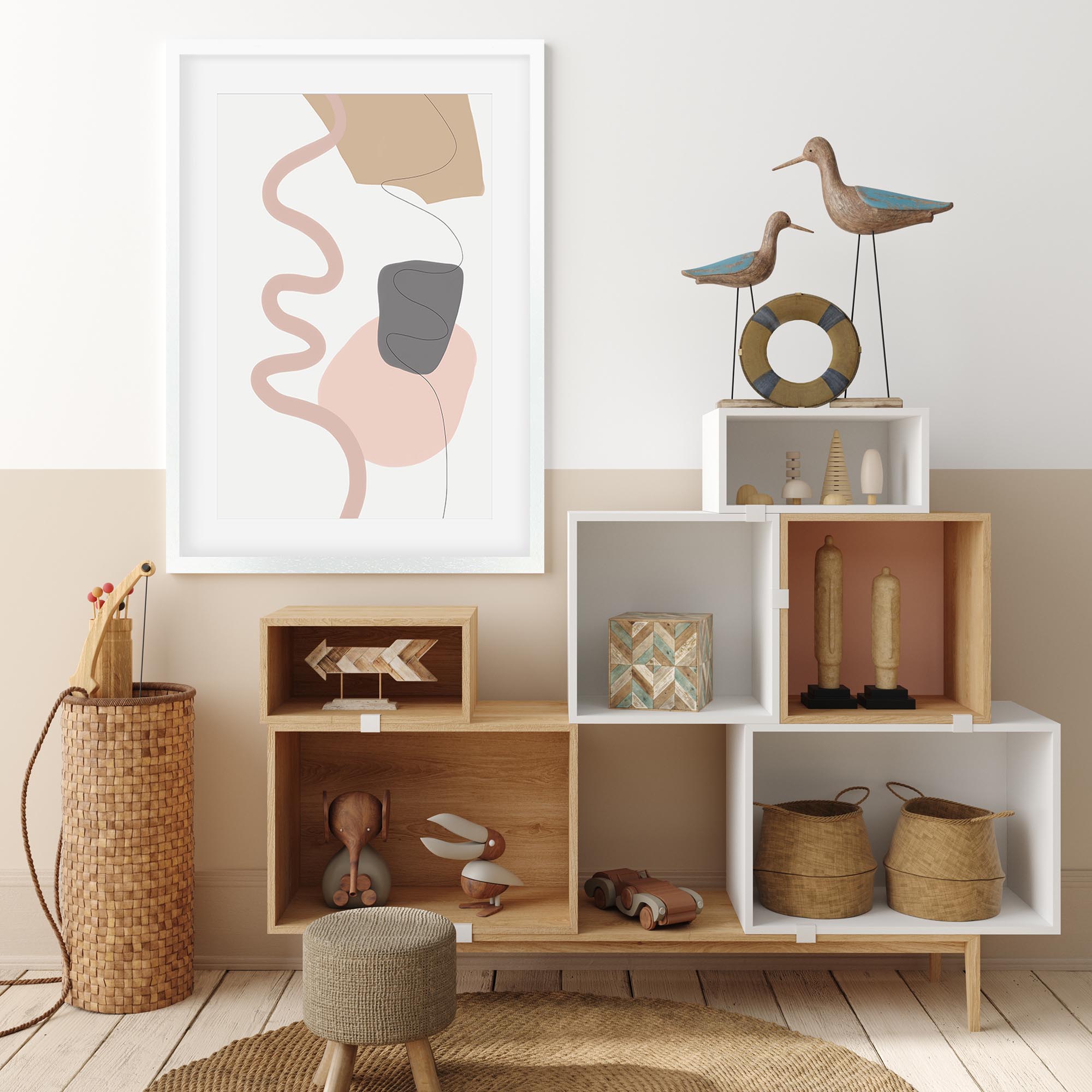 Scandinavian Shapes Grey Framed Wall Art - Modern Abstract Canvas Print for Living Room, Bedroom & Office Decor