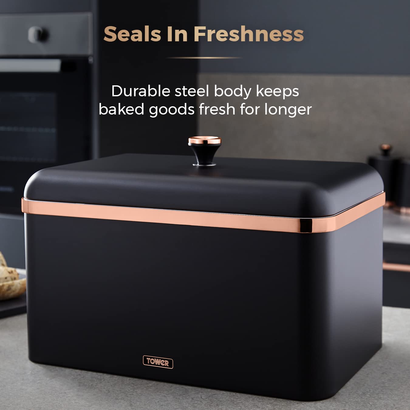 Premium Cavaletto Bread Bin with Removable Lid - Large Capacity Stainless Steel Bread Box for Kitchen Storage | Modern Black & Rose Gold Design | Perfect for Countertop Organization & Fresh Bread Keeping