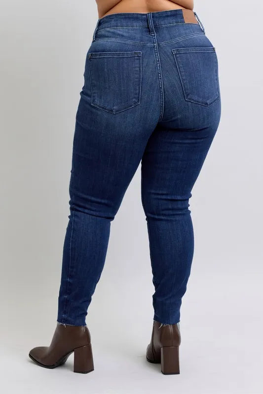 Judy Blue Women's Plus Size Mid Rise Skinny Jeans with Raw Hem - Stretch Denim Pants for Casual Wear & Everyday Comfort