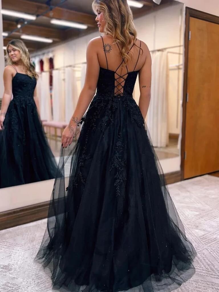 Elegant Black Lace Formal Dress 2025 | Open Back Tulle Long Prom Gown for Women | Perfect for Evening Parties, Weddings & Special Occasions