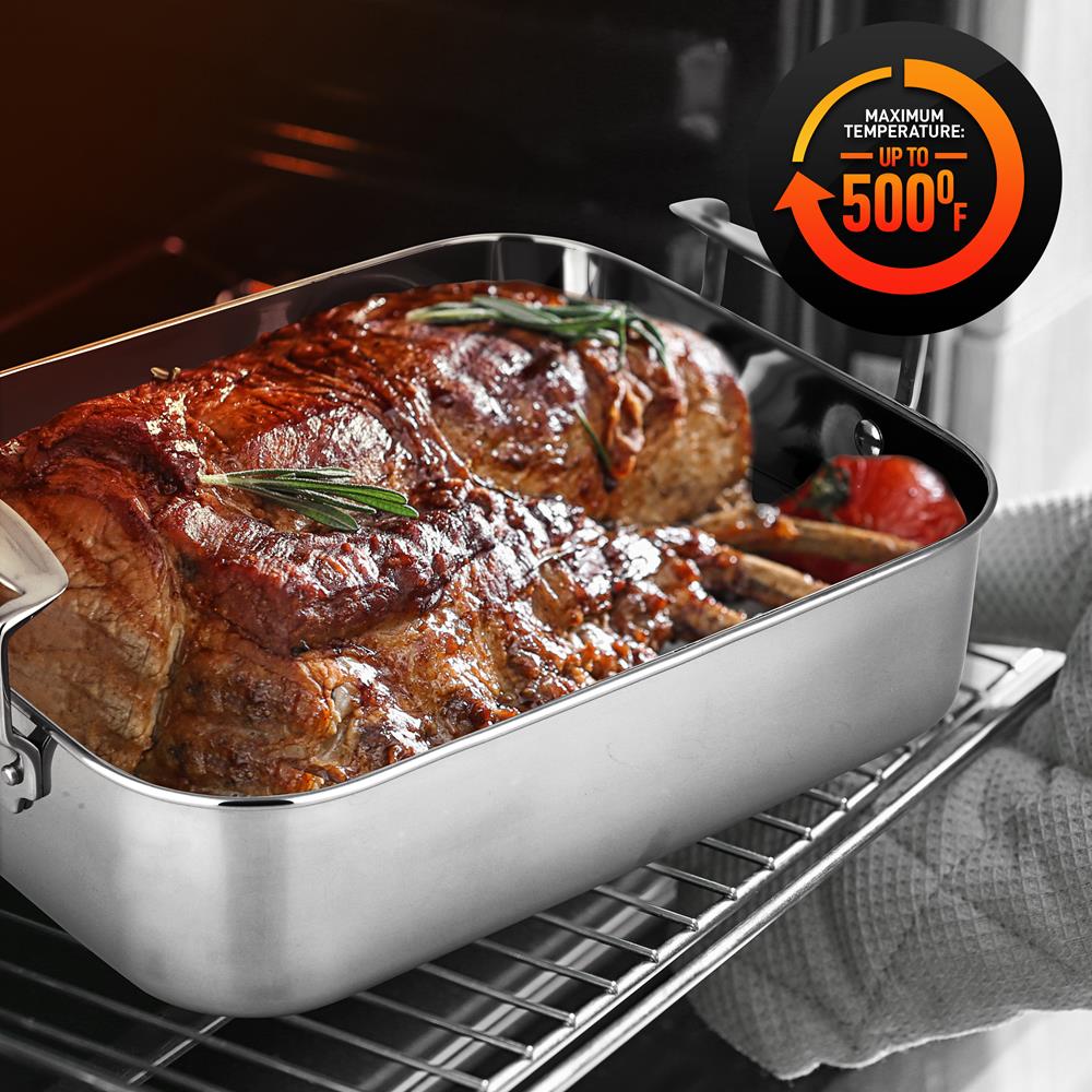 14 Quart Stainless Steel Turkey Roaster Pan with Polished Rack - Perfect for Thanksgiving, Christmas, and Large Family Dinners