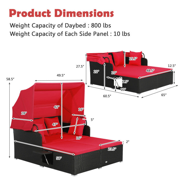 Costway Outdoor Patio Rattan Daybed with Retractable Canopy & Side Tables - Black - Perfect for Poolside Lounging, Garden Relaxation & Backyard Sunbathing