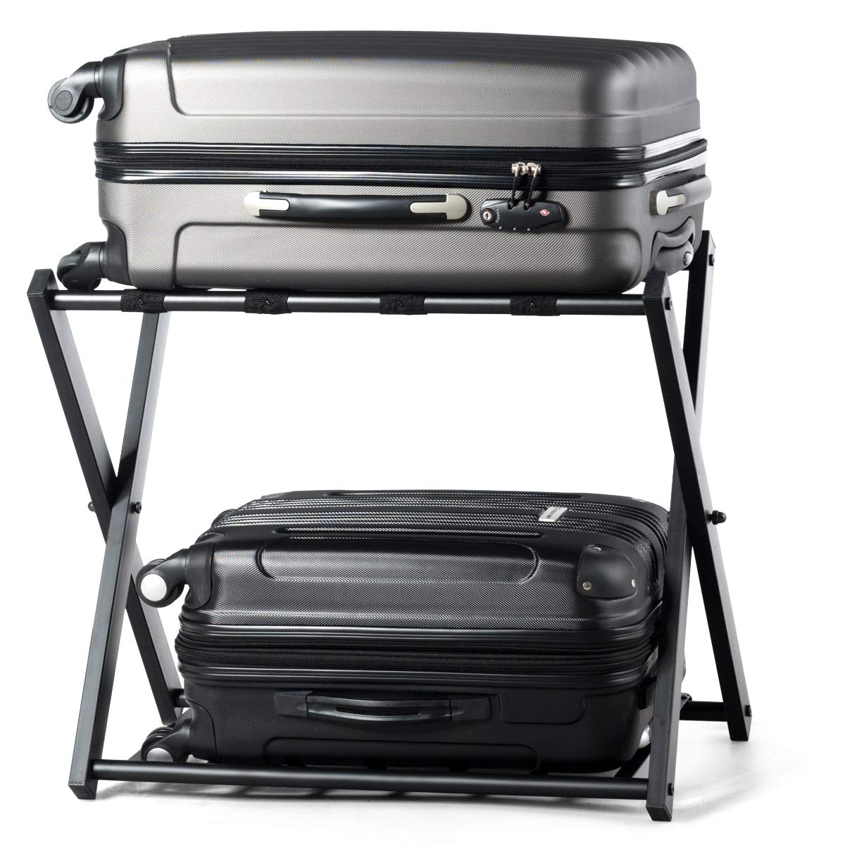 Tangkula 3-Pack Folding Luggage Rack with Storage Shelf - 2-Tier Suitcase Stand with Durable Straps & Protective Cover - Space-Saving Large Luggage Holder for Bedroom, Guest Room, Hotel & Travel Use (Black)
