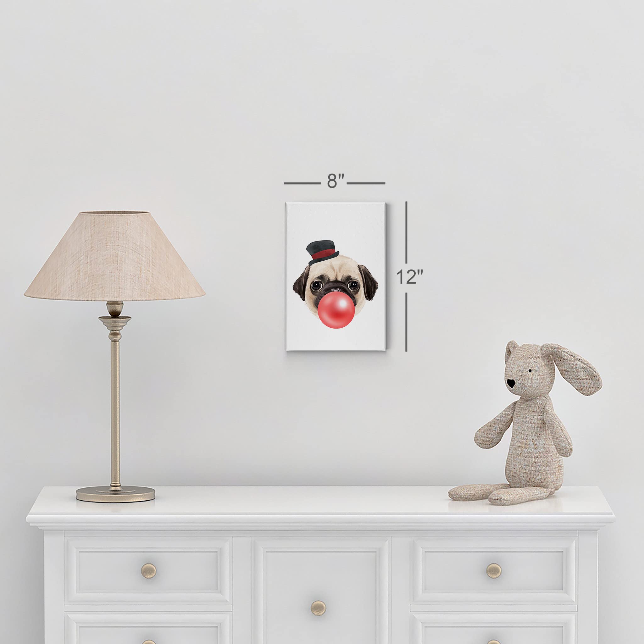 Pug Dog Portrait with Hat Chewing Bubble Gum - Pop Art Canvas Wall Print - Perfect Gift for Pet Lovers - 12x8 Inch - Ideal for Living Room, Bedroom, Office, Nursery & Kids Room Decor