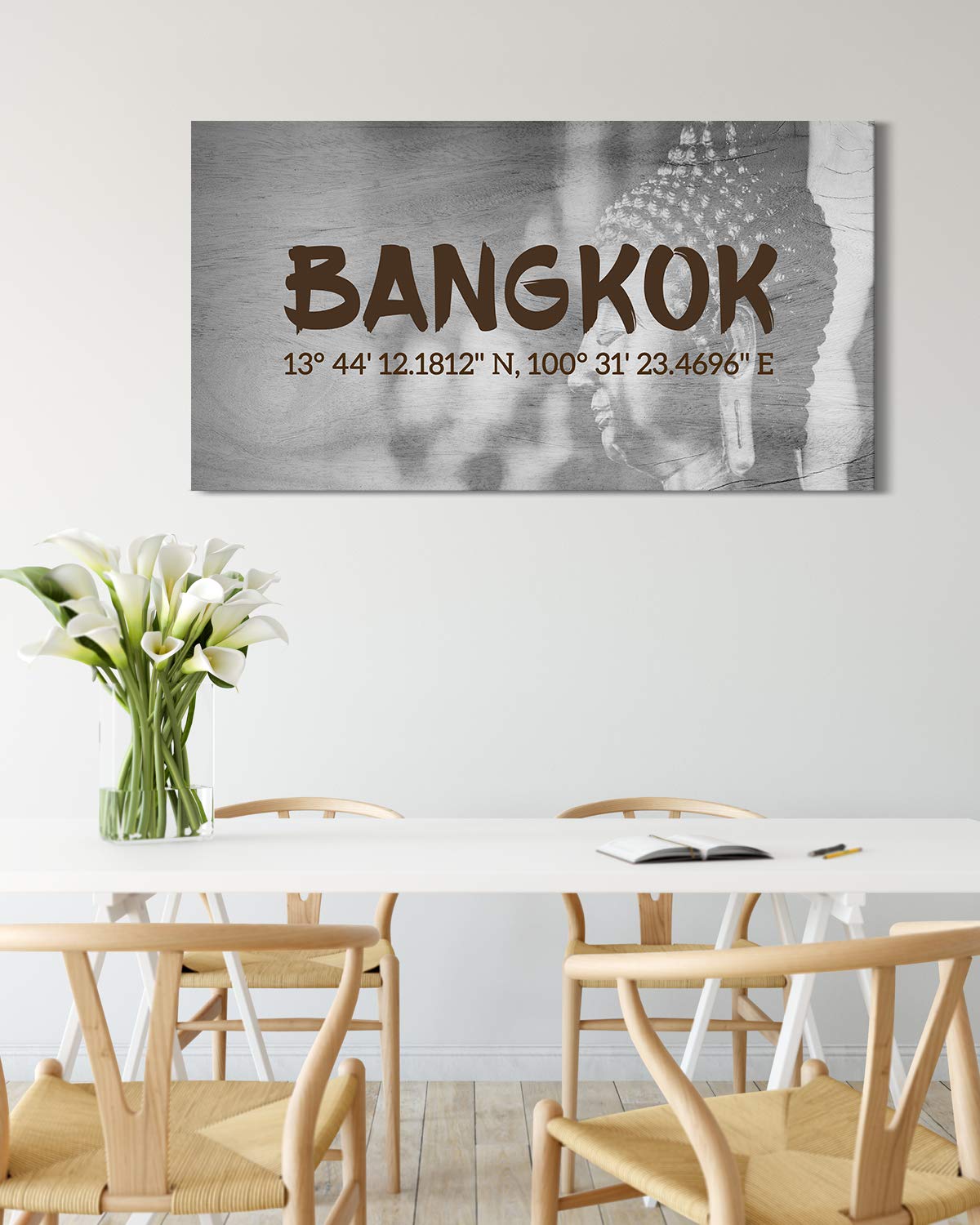 Bangkok Thailand Longitude Latitude Home Decor - Farmhouse Canvas Wall Art with GPS Coordinates - Buddha Wall Art - Unique Gift for Women & Men - 60x30 Ready to Hang Canvas - Perfect for Living Room, Bedroom & Office Decor