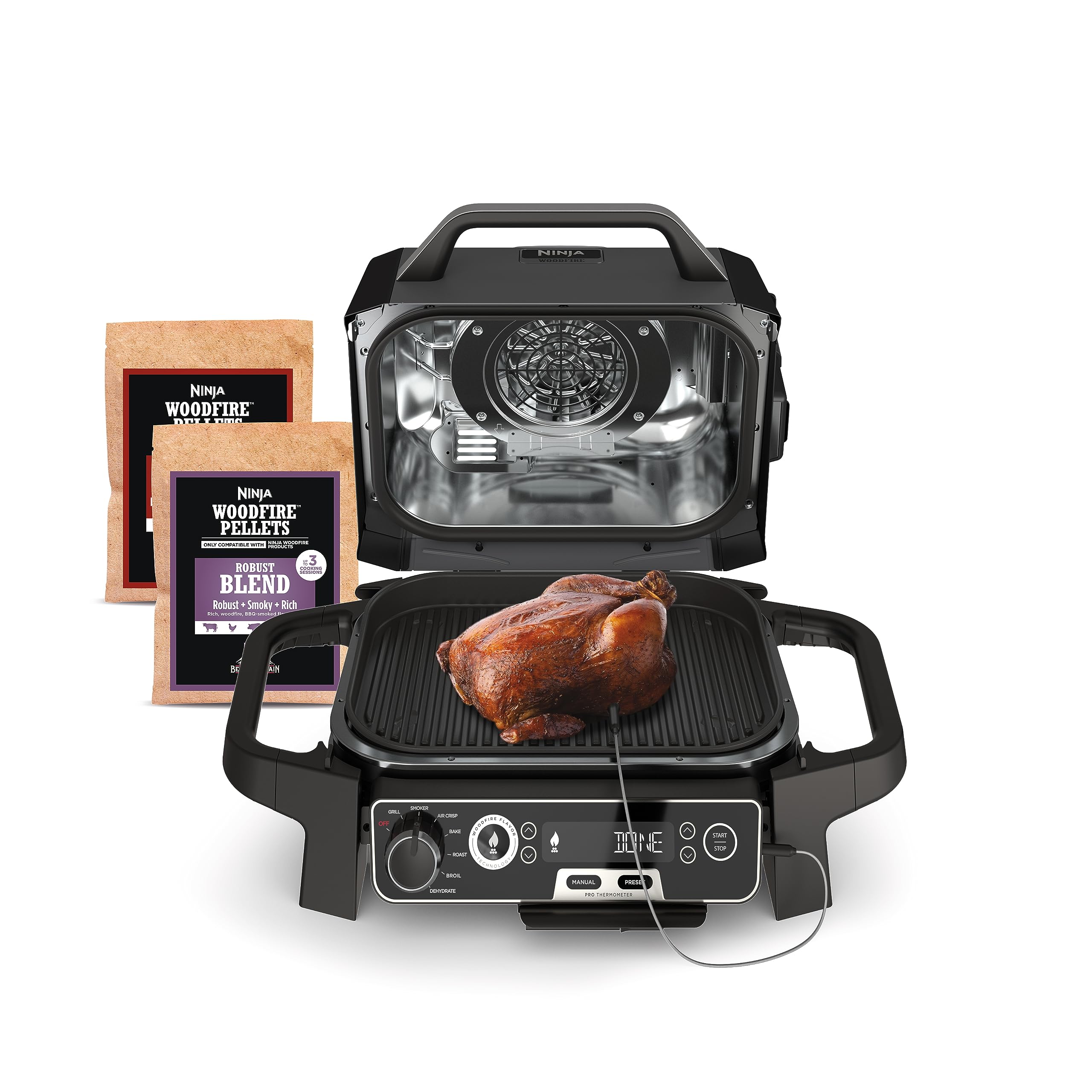 Ninja Woodfire Pro 7-in-1 Electric Outdoor Grill & Smoker with Thermometer - Portable BBQ Smoker, Air Fryer, Oven for Baking, Roasting, Dehydrating & Broiling - Includes Ninja Woodfire Pellets (Grey, OG751BRN) - Perfect for Backyard BBQs, Camping & Outdoor Cooking