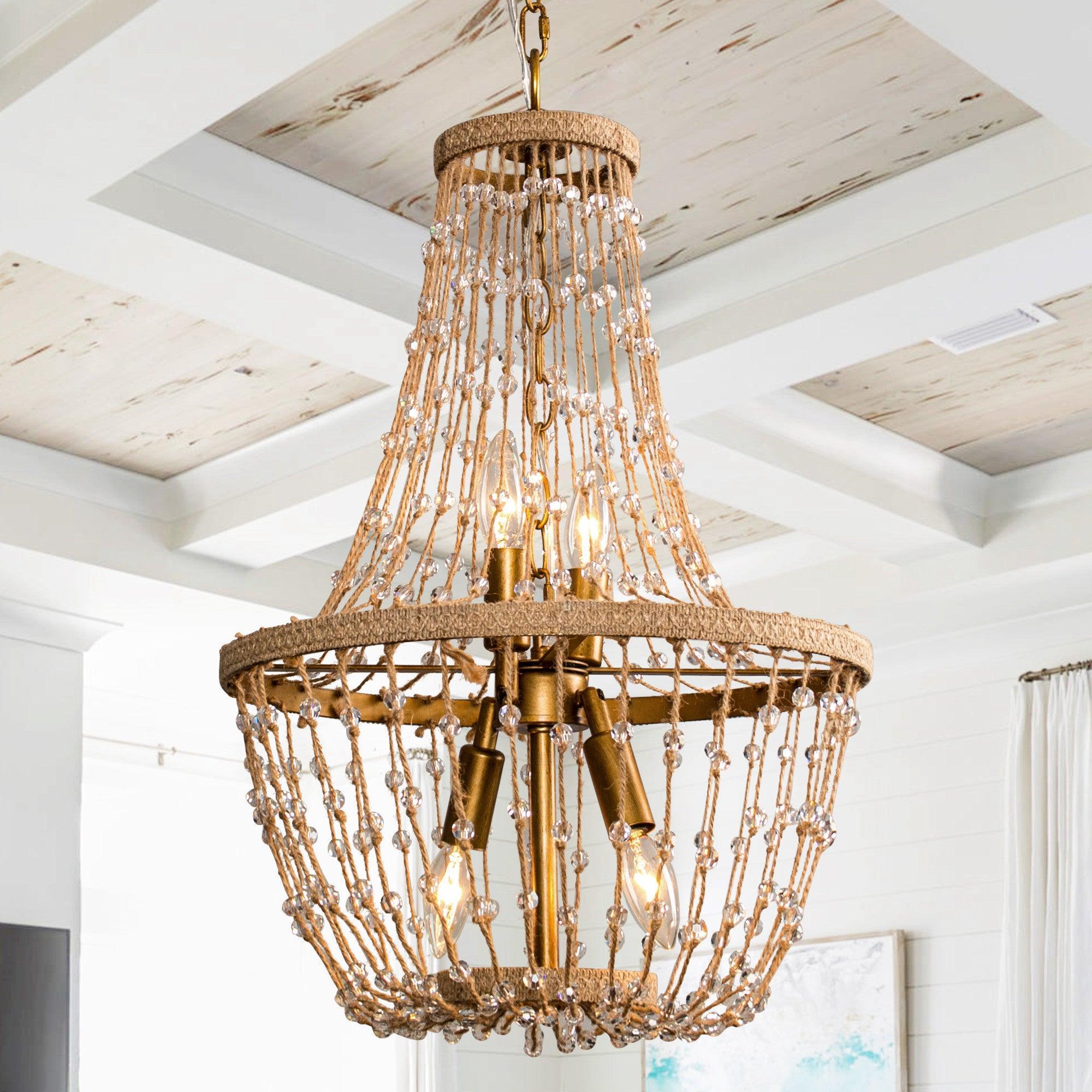 Modern Beaded Basket Weathered Wood 4-Light Chandelier - Rustic Farmhouse Ceiling Light Fixture for Dining Room, Bedroom or Entryway