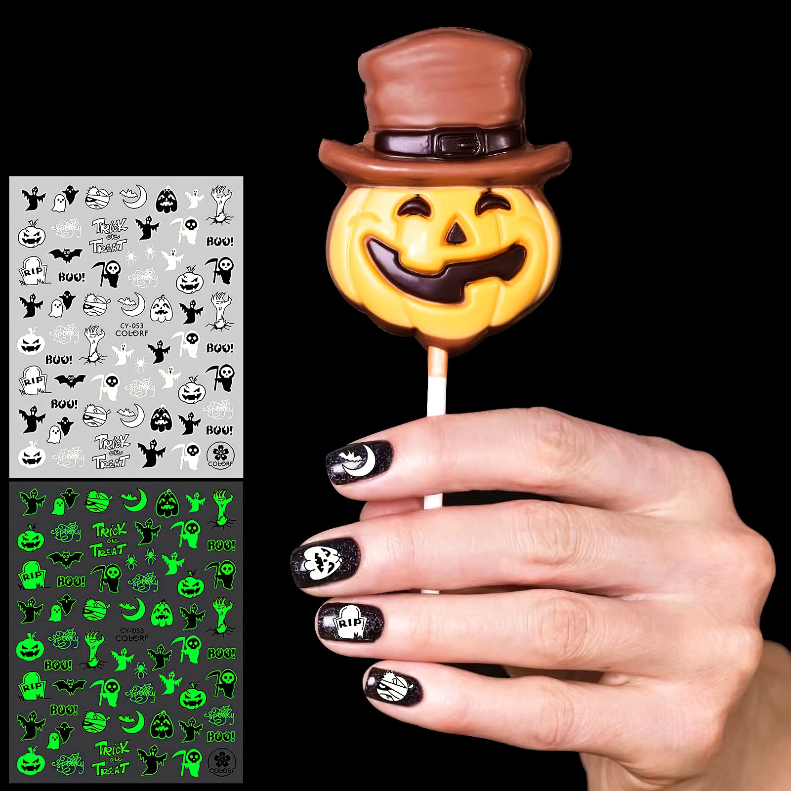 600+ Pcs Glow in The Dark Halloween Nail Stickers - Sugar Skull, Spider, Bat, Pumpkin & Ghost Horror Nail Art Decals - Self-Adhesive Nail Stickers for Women - Perfect for Trick or Treat Bags, Party Favors & Halloween Nail Art Designs