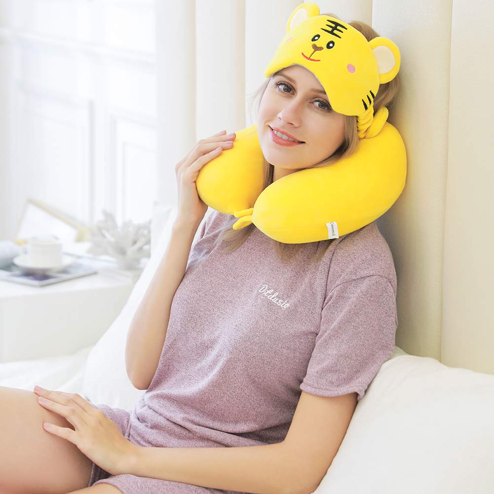 Memory Foam Travel Neck Pillow - 360-Degree Head Support for Airplane, Car, Train & Bus - Ultra Comfortable & Lightweight with Storage Bag - Perfect for Sleeping While Traveling or at Home (Tiger Print)