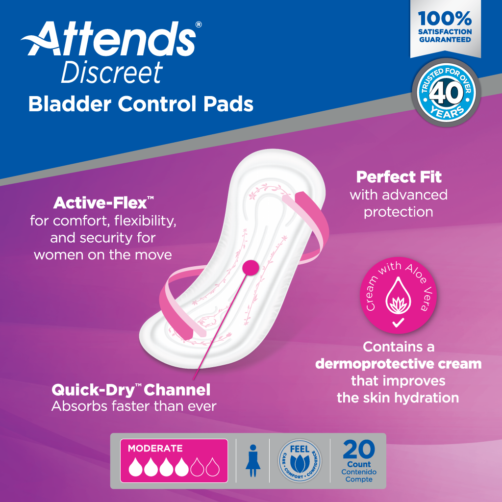 Attends Discreet Women's Moderate Absorbency Incontinence Pads - Comfortable Protection for Daily Activities & Nighttime Use