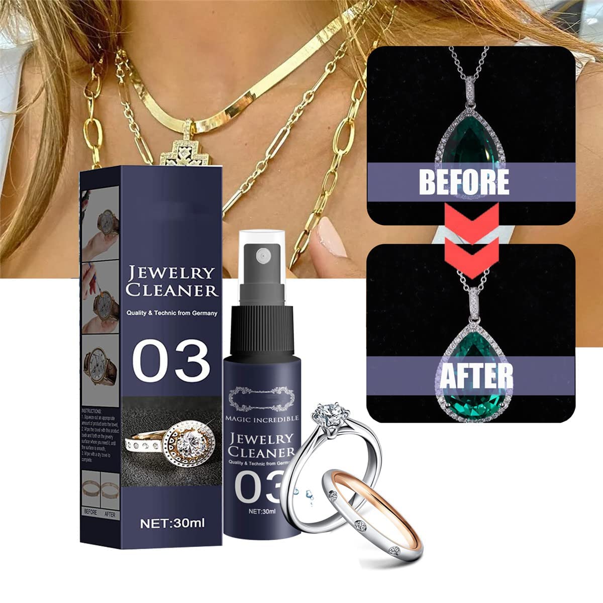 30ml Instant Shine Jewelry Cleaner for Silver, Gold & Diamonds - Anti-Tarnish Polishing Solution Spray (1pc) - Perfect for Rings, Necklaces & Watches at Home or Travel