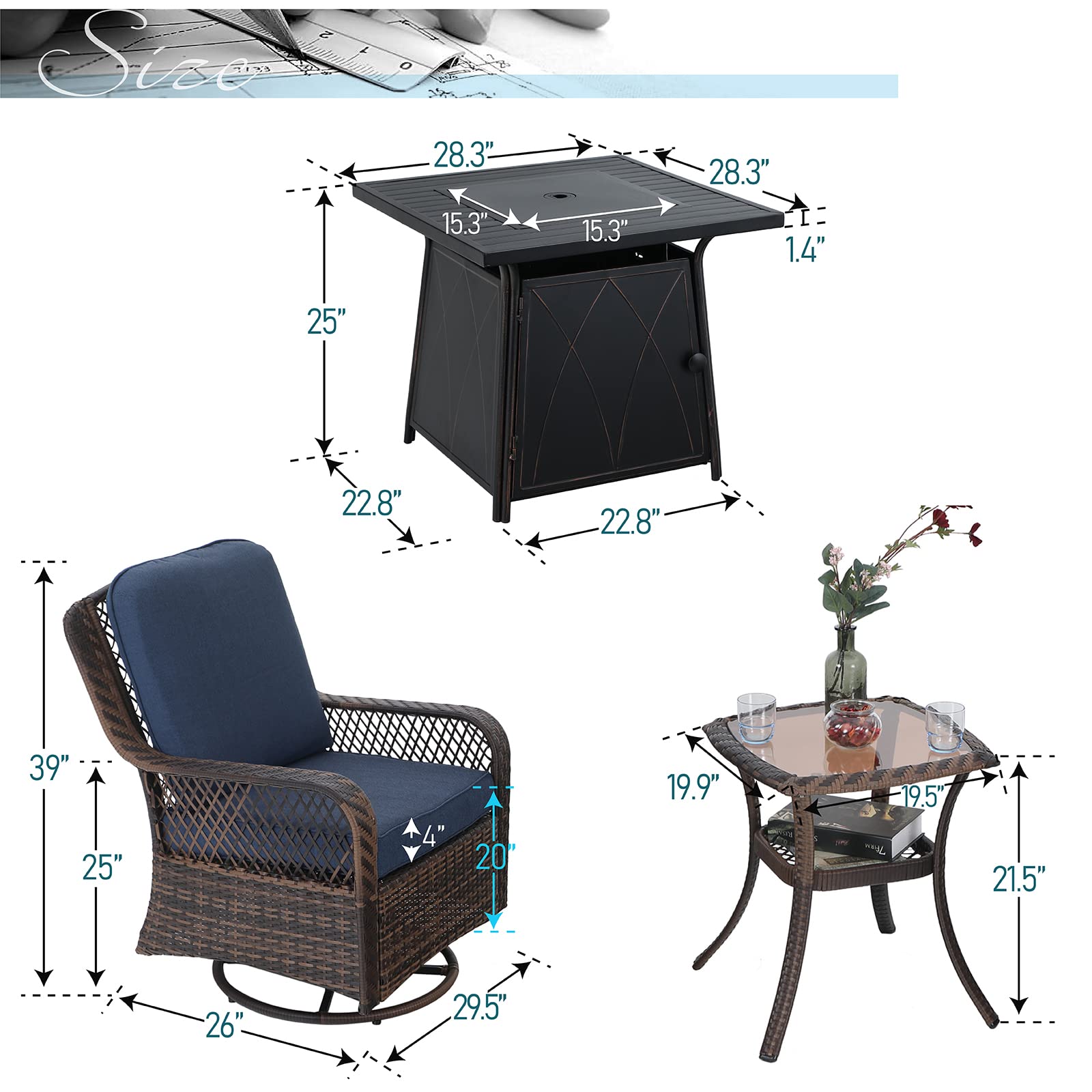 PHI VILLA 4-Piece Outdoor Swivel Rocker Chair Set with Square Gas Fire Pit Table - Wicker Patio Furniture for Garden, Deck, Porch & Backyard - Navy Blue - Perfect for Entertaining, Relaxing & Outdoor Gatherings