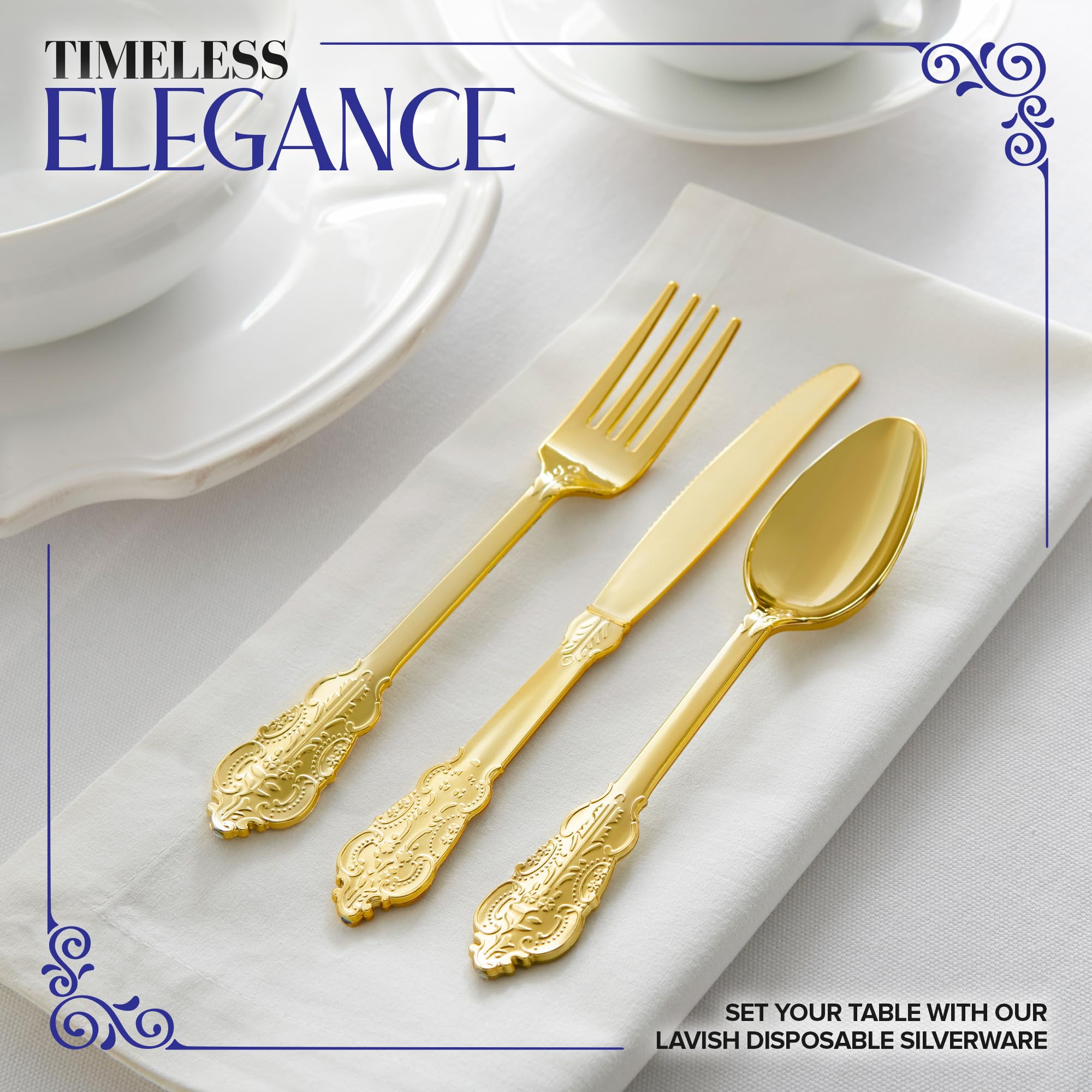 300-Piece Gold Plastic Silverware Set - 100 Gold Forks, 100 Spoons, 100 Knives | Heavy Duty Disposable Cutlery for Weddings, Parties & Events | Elegant Flatware for Dinner Parties, Holidays & Special Occasions