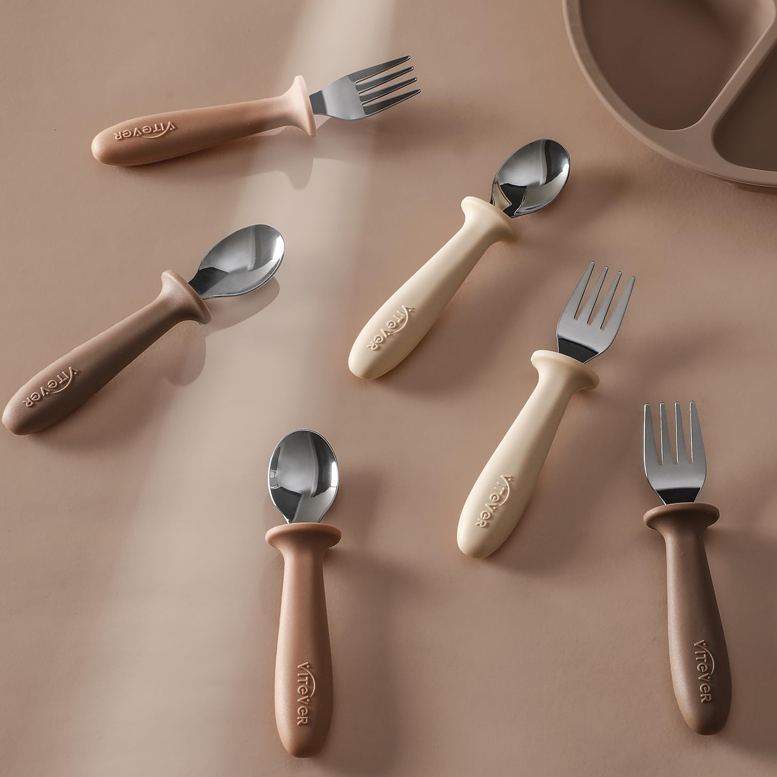 6-Piece Toddler Utensil Set with Silicone Handle - BPA-Free Kids Safe Spoons & Forks - 18/8 Stainless Steel & Food-Grade Silicone - Dishwasher Safe - Perfect for Baby-Led Weaning, Preschool Meals & Travel Feeding (Tan)