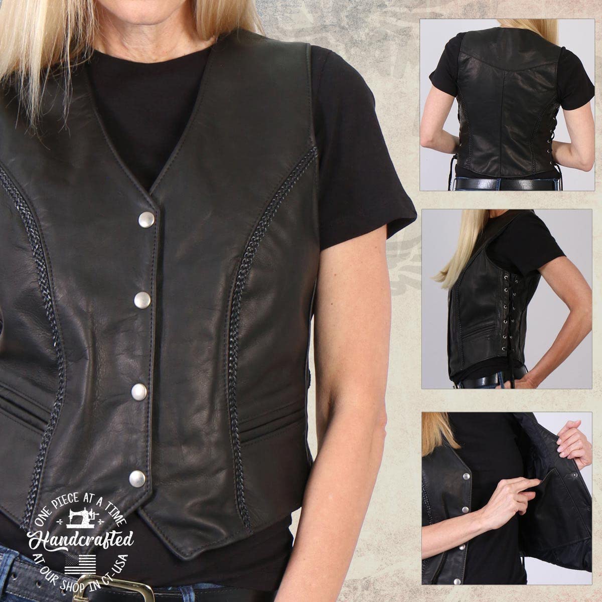 Milwaukee Leather MLVSL5001 Women's Black Braided Motorcycle Vest - Genuine USA Made Leather Jacket for Bikers & Riders - Perfect for Motorcycle Clubs, Road Trips & Casual Outfits