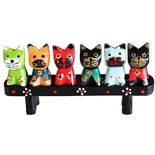Set of 6 Handcrafted Wooden Cat Figurines - Multi-Colored Carved Cat Statues for Home Decor, Cat Lovers Gift & Collectible Animal Sculptures - Perfect for Bookshelf Display, Office Decor or Cat-Themed Party Decorations