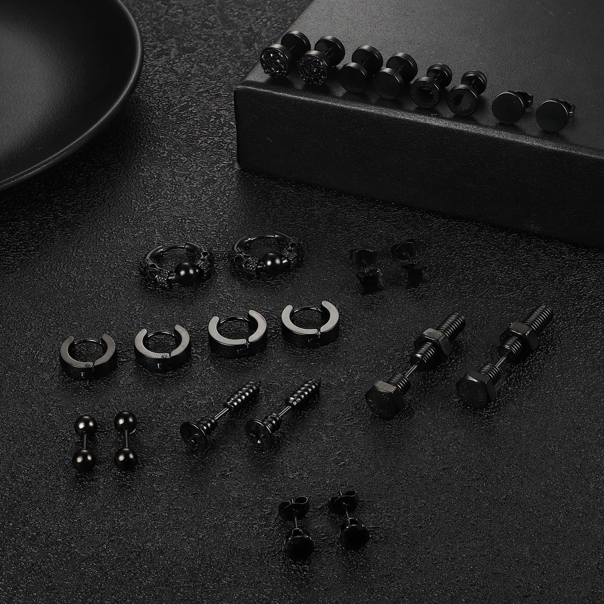 **JeryWe 12 Pairs Stainless Steel Earrings for Men & Women – Black & Silver Stud, Hoop, Dangle, Barbell & Cartilage Earrings Set – Fashion Jewelry for Everyday Wear, Parties & Gifting**