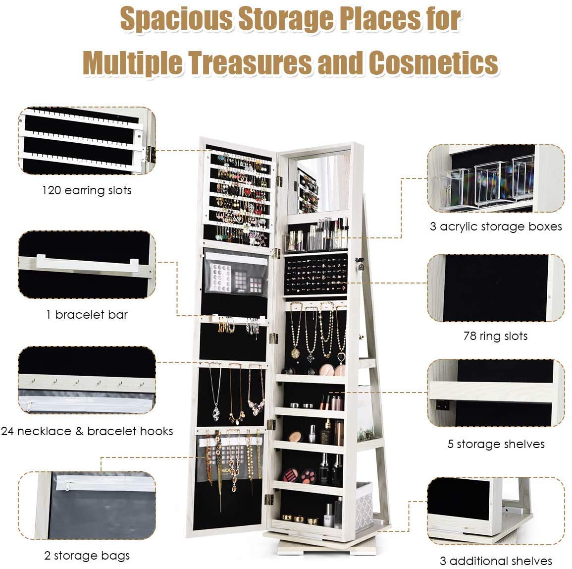 Moccha 2-in-1 Mirrored Jewelry Cabinet with 360° Rotation - Large Lockable Jewelry Organizer with Full-Length Mirror & Built-in Makeup Mirror - Free Standing Jewelry Armoire (White) | Perfect for Bedroom, Closet & Dressing Room Organization