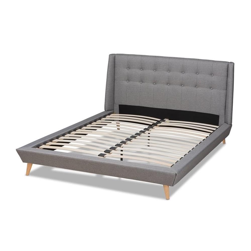 BOWERY HILL King Size Grey Upholstered Wingback Platform Bed Frame with Solid Wood Slats - Elegant Modern Bedroom Furniture for Master Suite or Guest Room