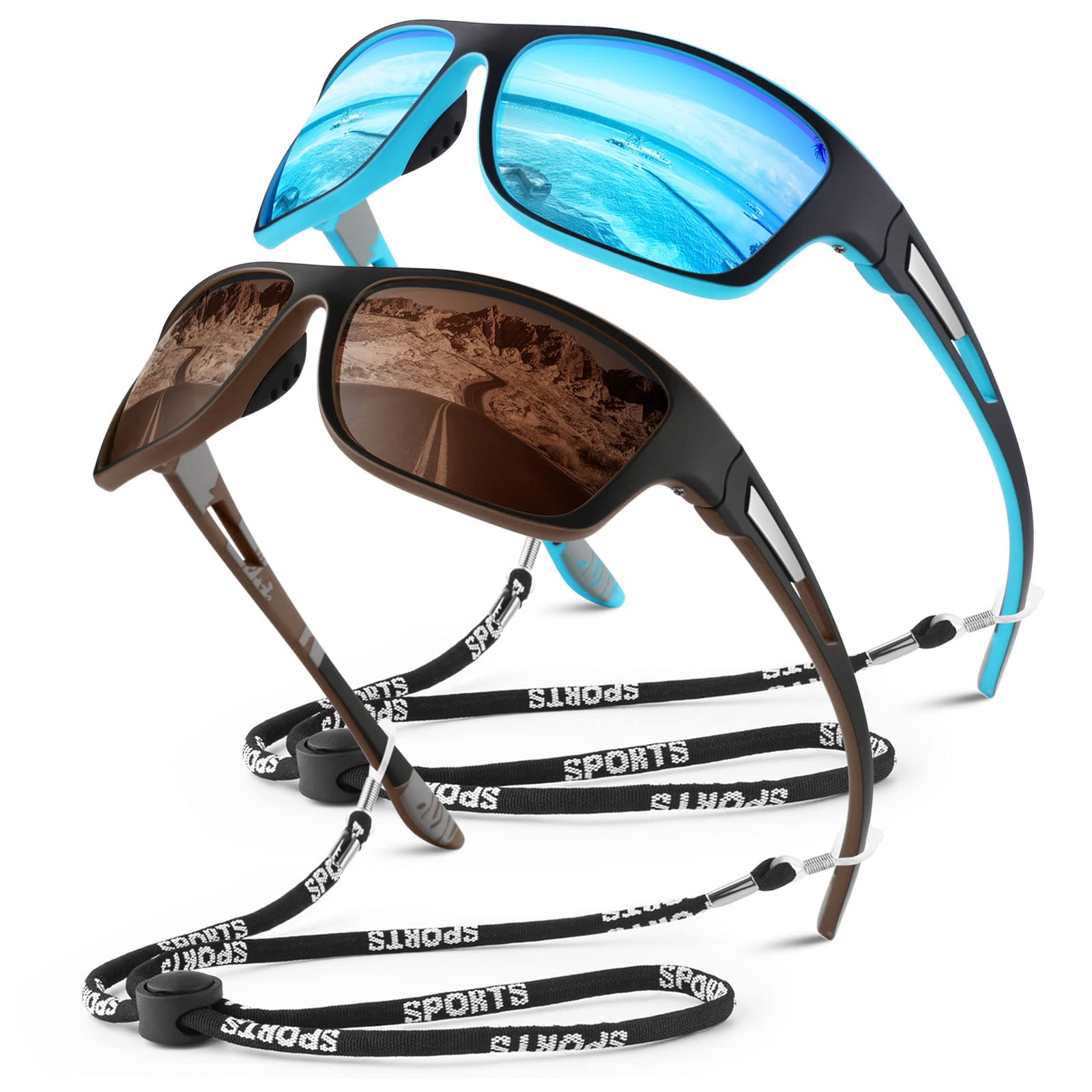 Polarized Sports Sunglasses for Men & Women - UV400 Protection Rectangular Goggles for Fishing, Driving, Running & Outdoor Activities