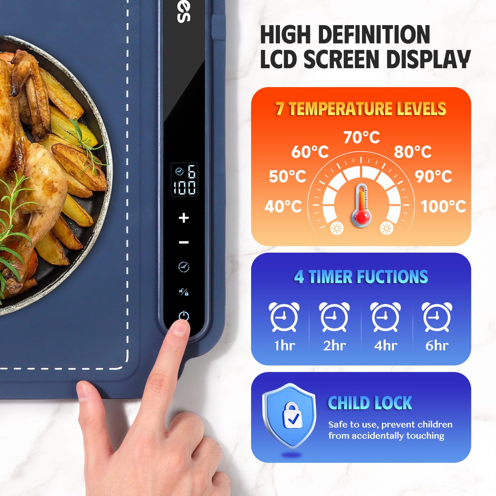 Electric Warming Tray - Portable Silicone Food Warmer Mat with 7 Temperature Levels & 6H Timer | Full Surface Heating for Home, Parties, Buffets | Perfect for Keeping Meals Warm at Dinner & Events (Blue)