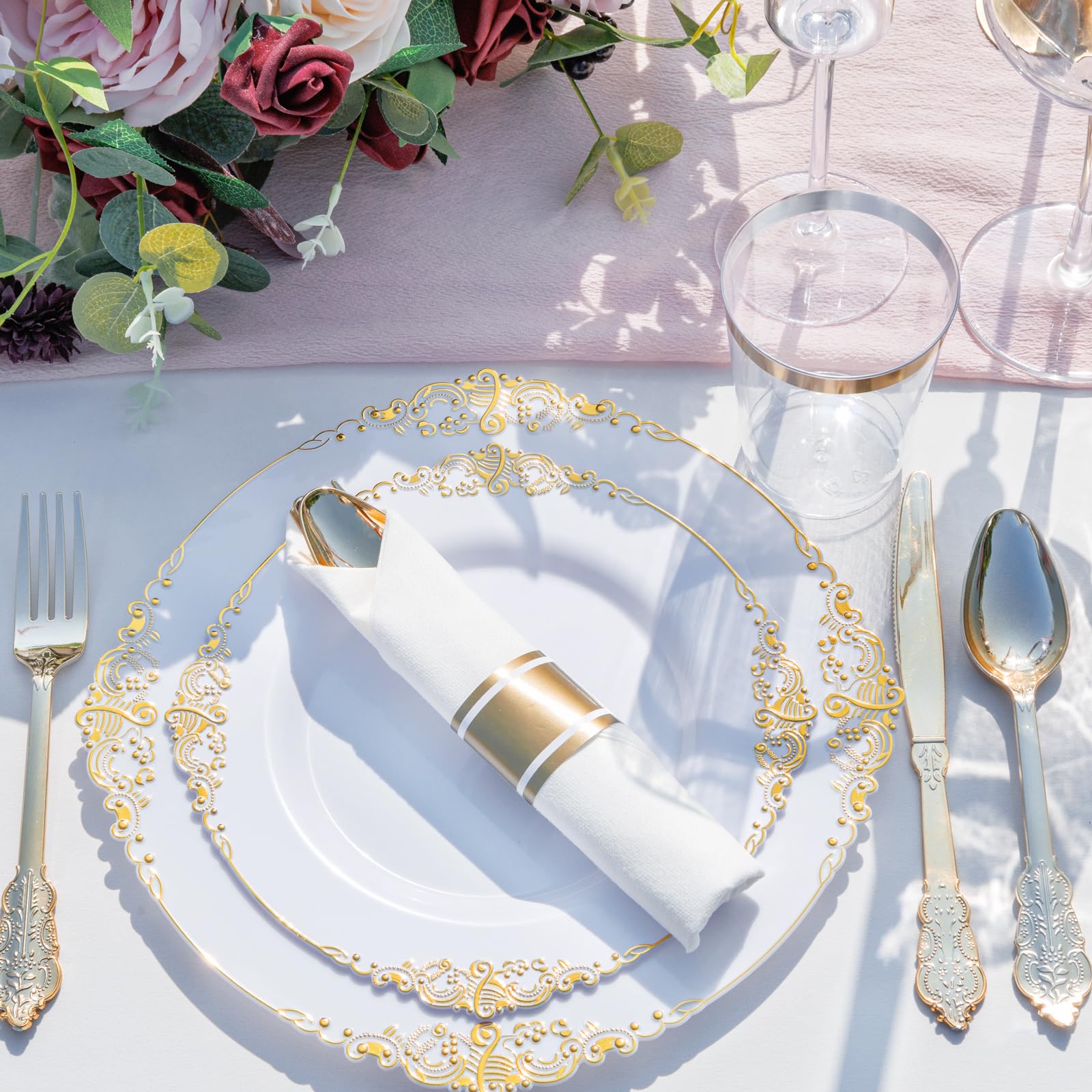 Premium 350-Piece Gold Disposable Dinnerware Set - 100 Elegant Plates, 150 Plastic Silverware, 50 Cups & 50 Napkins - Perfect for Weddings, Parties & Large Gatherings (50 Guests) - Ideal for Outdoor Events, Catering & Special Occasions