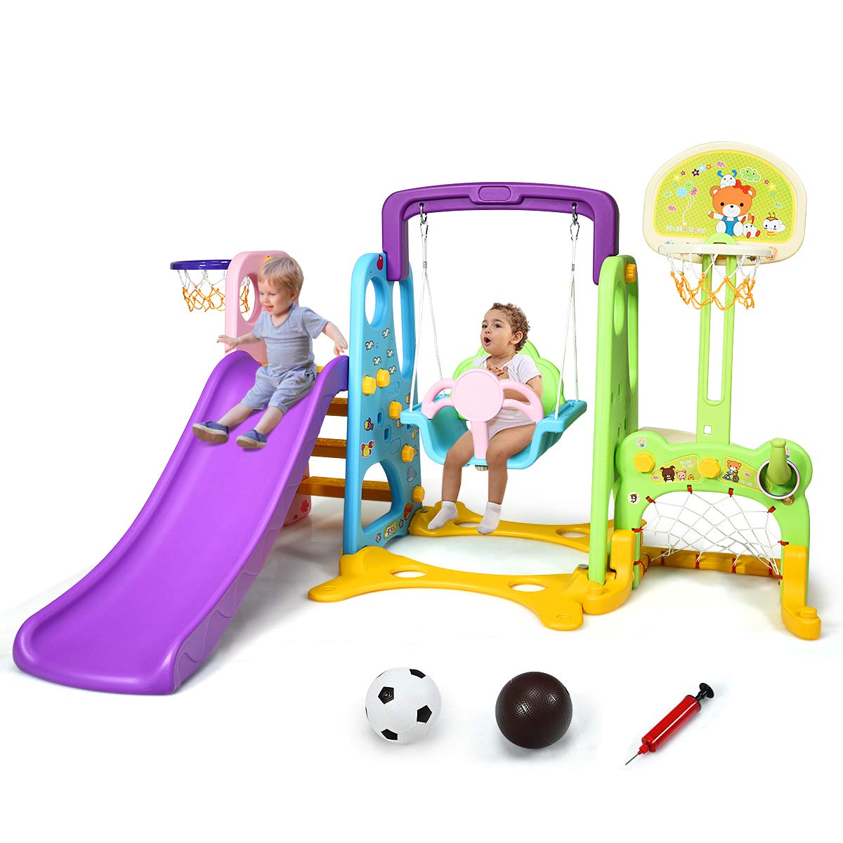 Costzon 6-in-1 Toddler Slide & Swing Set - Large Kids Climber Playset with Basketball Hoop & Soccer Goal - Indoor/Outdoor Backyard Playground Equipment for Ages 3-10 - Perfect Birthday & Christmas Gift for Active Children (Great for Backyards, Daycares & Playrooms)