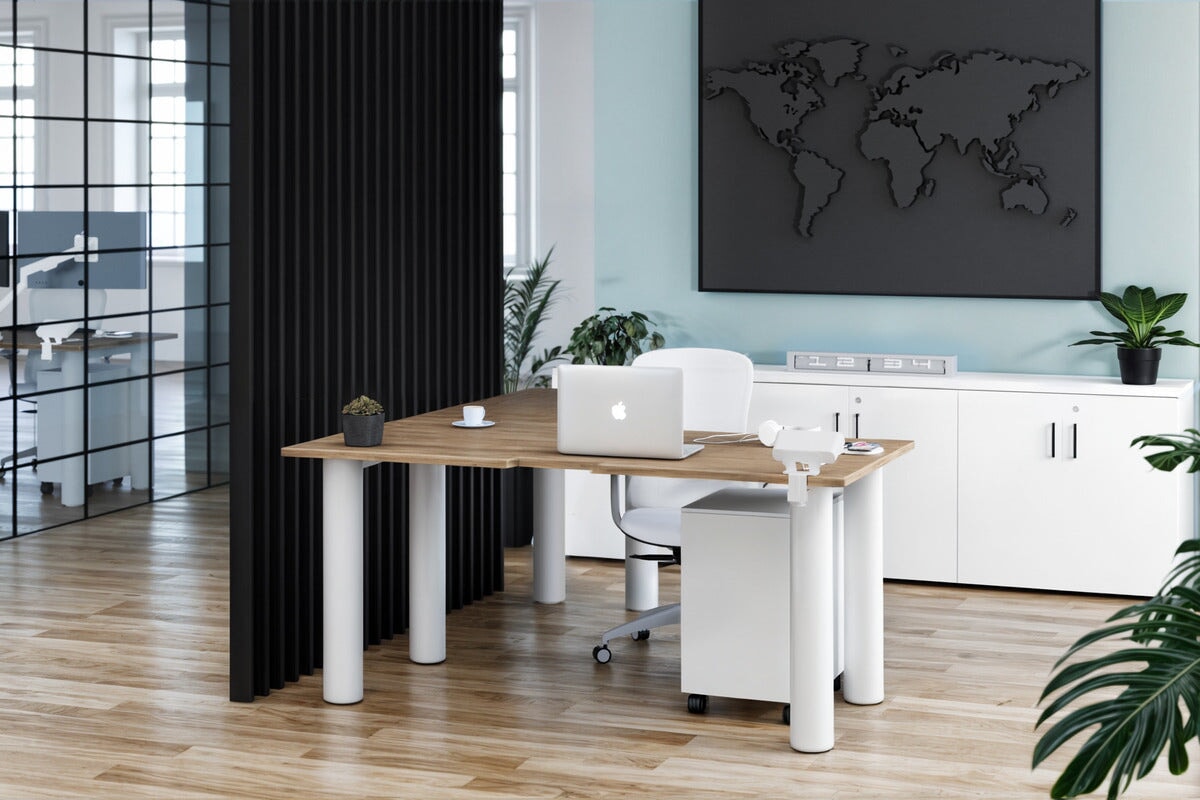 L-Shaped Corner Office Desk with Quadro Cylinder Legs - 1600L x 1800W Dimensions, Cable Management Scallop - Perfect for Home Office, Gaming Setup & Workspace Organization