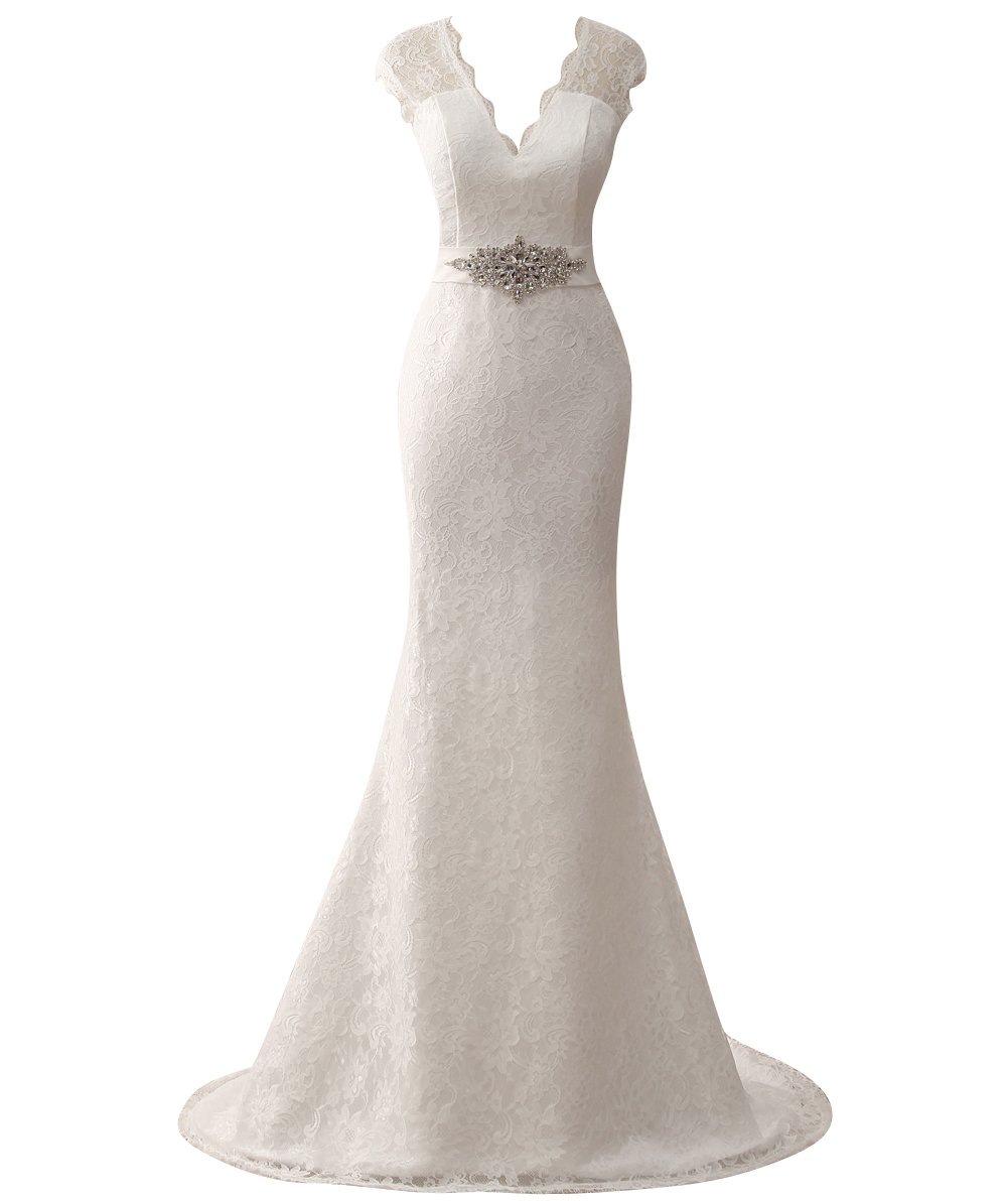 Elegant Lace Mermaid Wedding Dress with Crystal Belt - V-Neck Bridal Gown for Bride | Perfect for Church Ceremony, Beach Wedding & Romantic Photoshoot